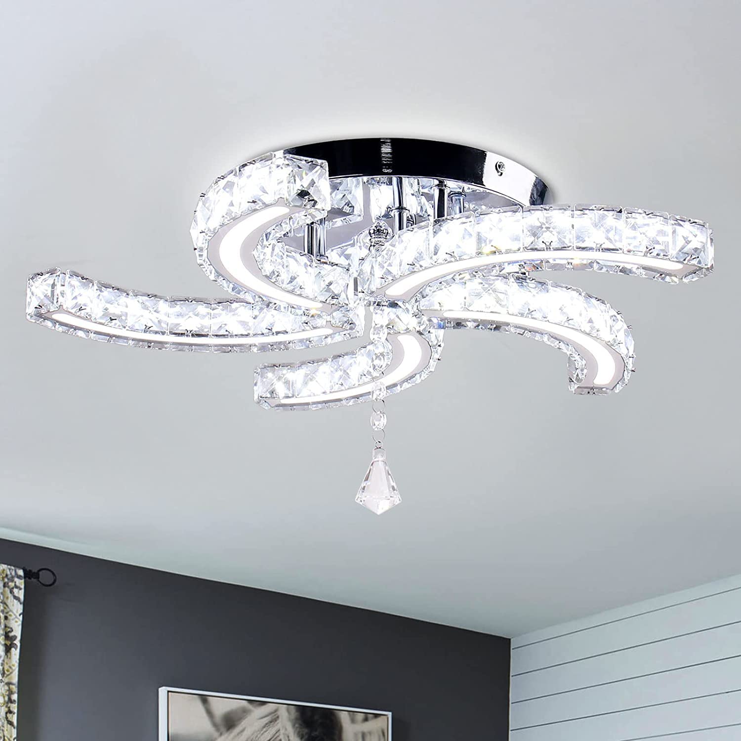 19.7'' Crystal Chandeliers, 5-Light LED Semi Flush Mount Chandeliers 6500K Ceiling Lamp Acrylic Modern Ceiling Lighting Fixture for Living Room Dining Room Bedroom Hallway （Cool White)