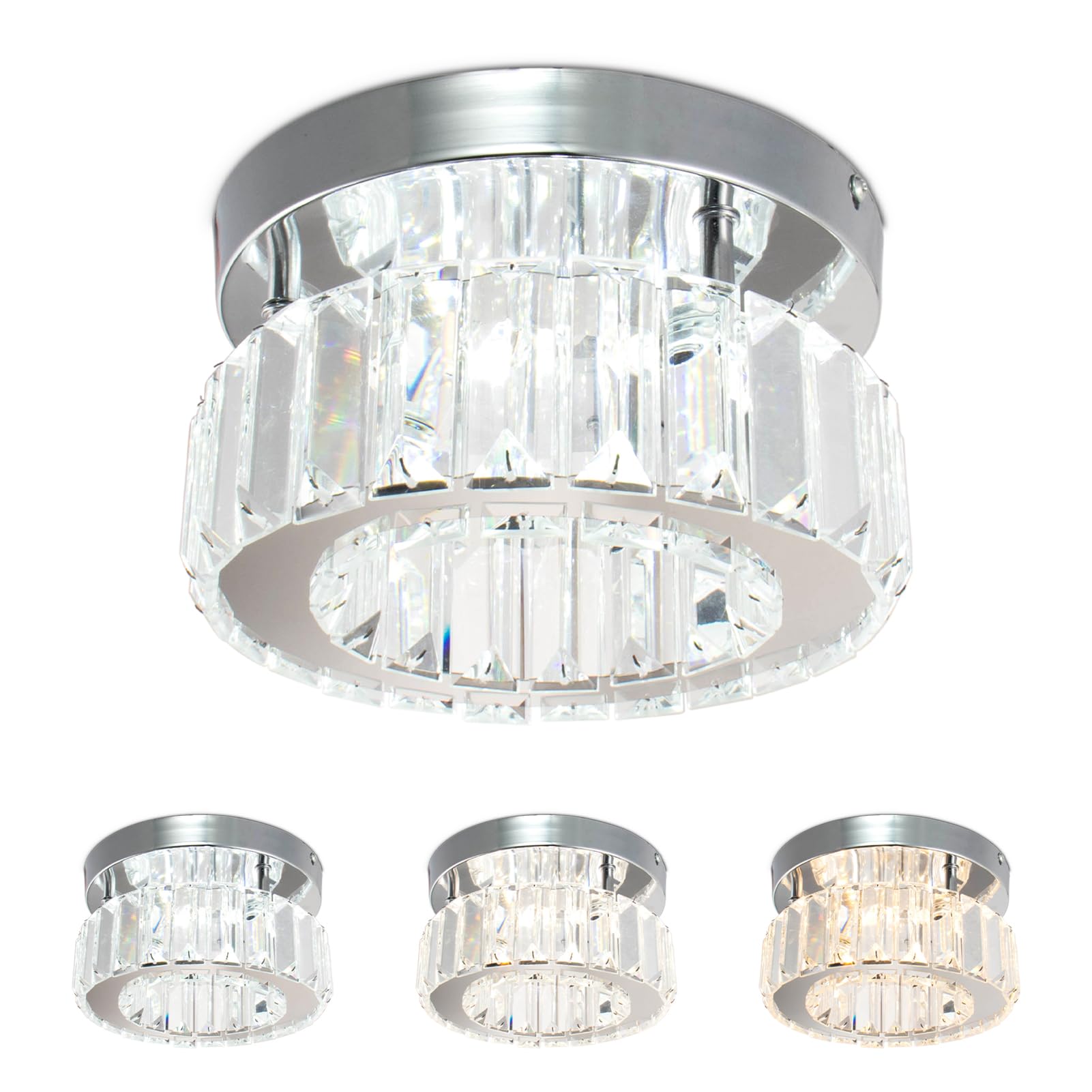 Modern Crystal Chandeliers Ceiling, Round Small Chandeliers 2700K/4500K/6500K Multicolor Semi Flush Mount Ceiling Light for Living Room Dining Room Hallway Foyer Living Room Small Room