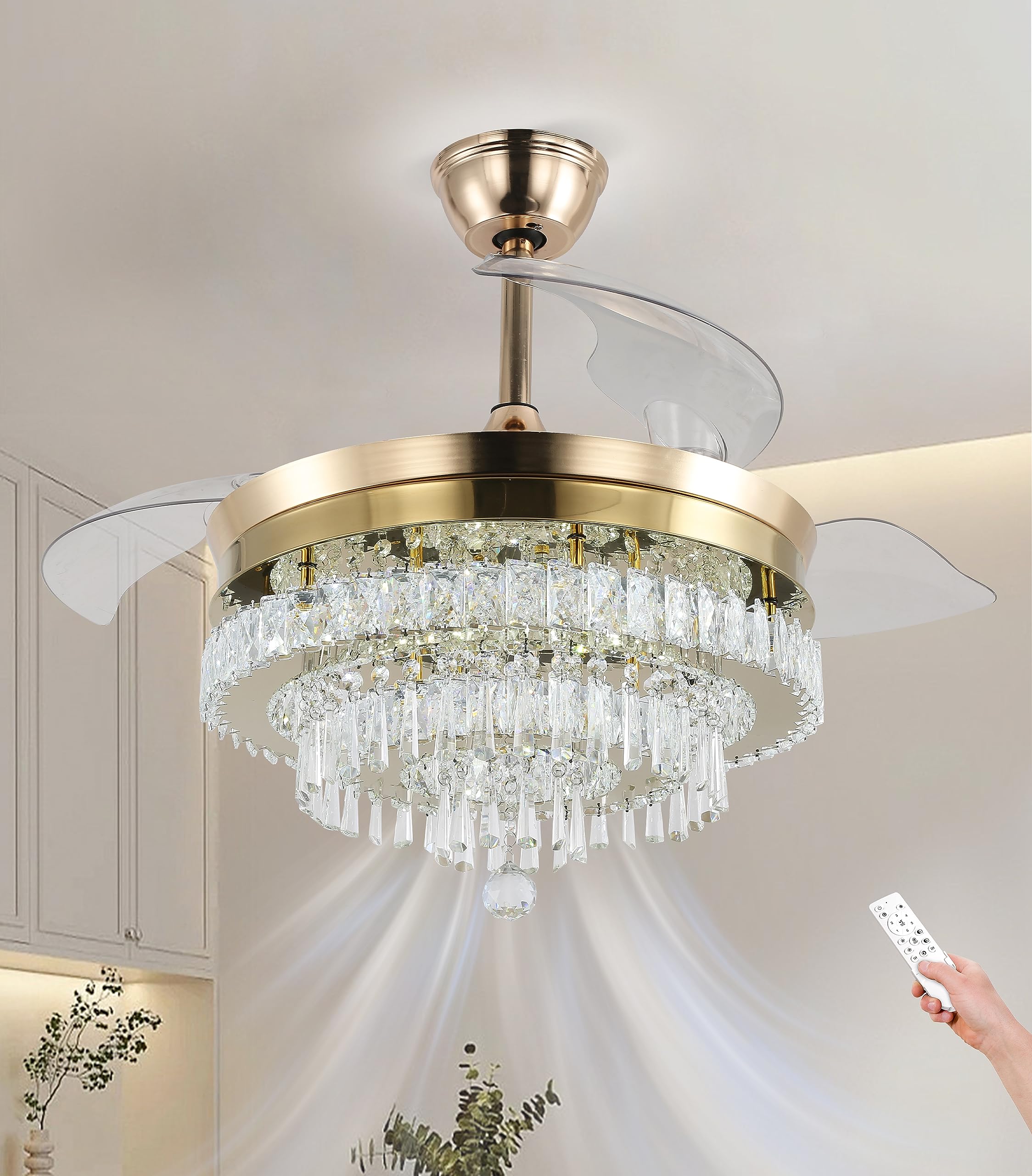 Finktonglan 42” Crystal Fandelier Ceiling Fan with Light and Remote, Invisible Retractable Blade Chandelier Ceiling Fans with Lights Gold Chandelier Fan, Reversible, 6 Speeds and Timing Function