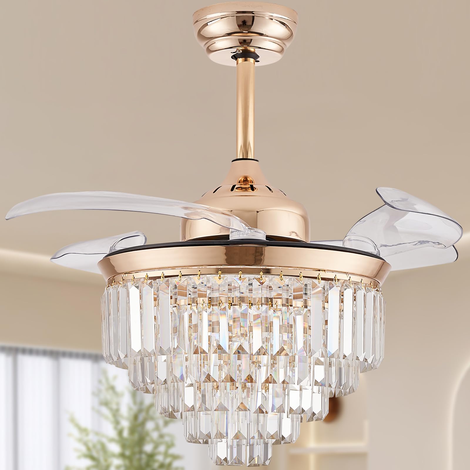 Finktonglan Dimmable Fandeliers Modern Crystal Chandelier Ceiling Fan with Lights 36” Retractable LED Invisible Fandelier Crystal Chandelier Fan for Bedroom Dining Room Living Room, Gold