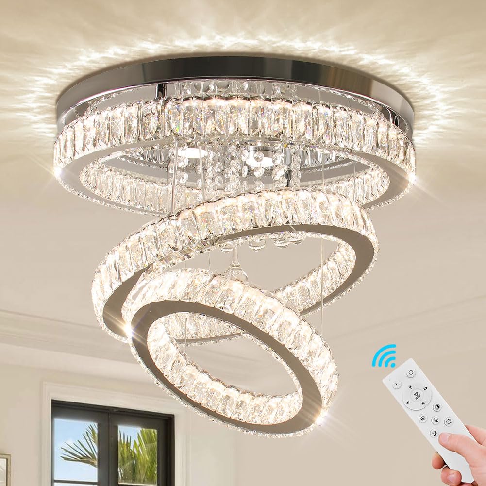 19.7" Modern Crystal Chandelier LED Crystal Ceiling Light Fixture Flush Mount Ring Chandeliers with Remote Control for Bedroom Dining Room Living Room (Dimmable)