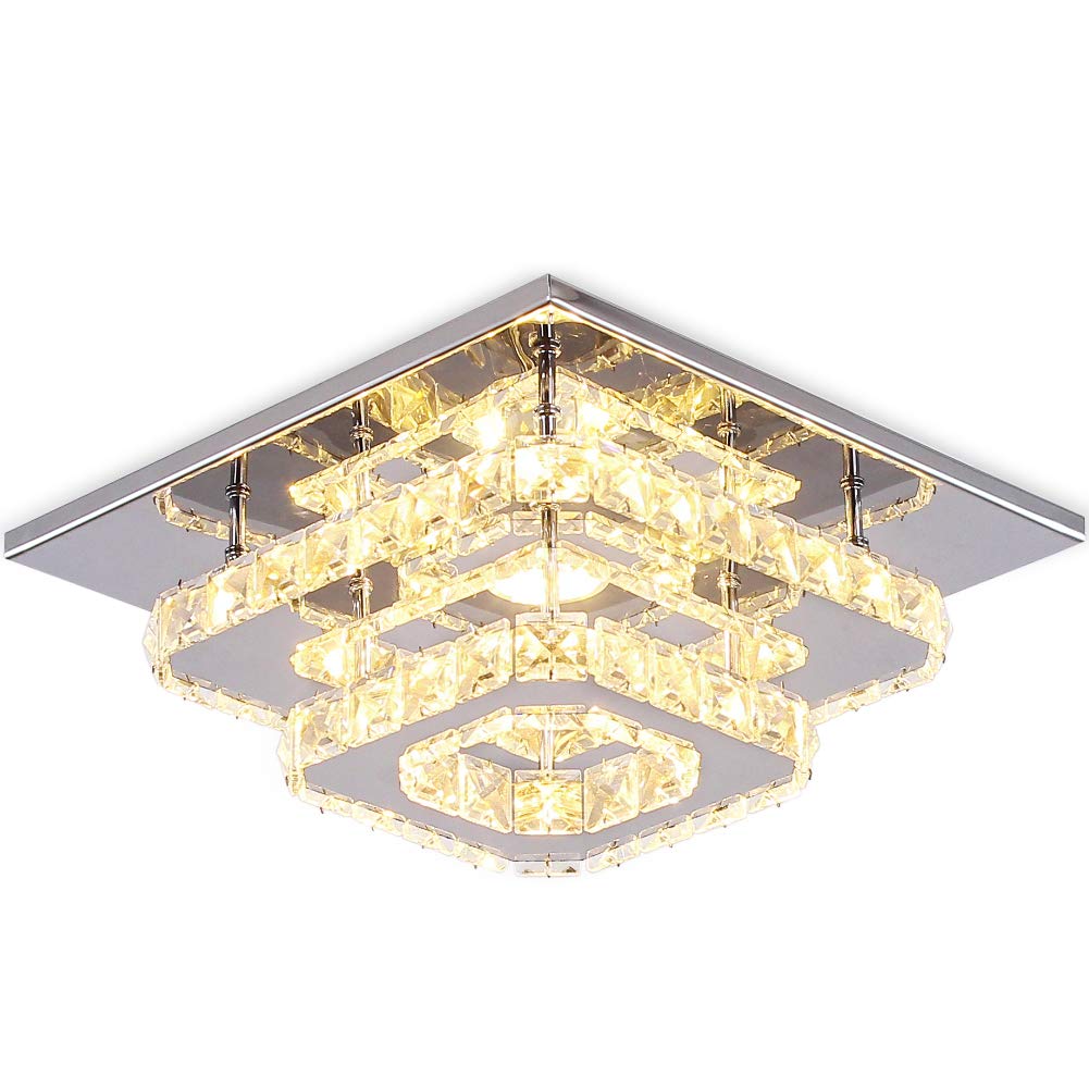 Crystal Ceiling Light Mini LED Chandelier Flush Mount Lighting Fixtures Stainless Steel Square Ceiling Lamps for Bedrooms Hallway Living Room (Warm White)