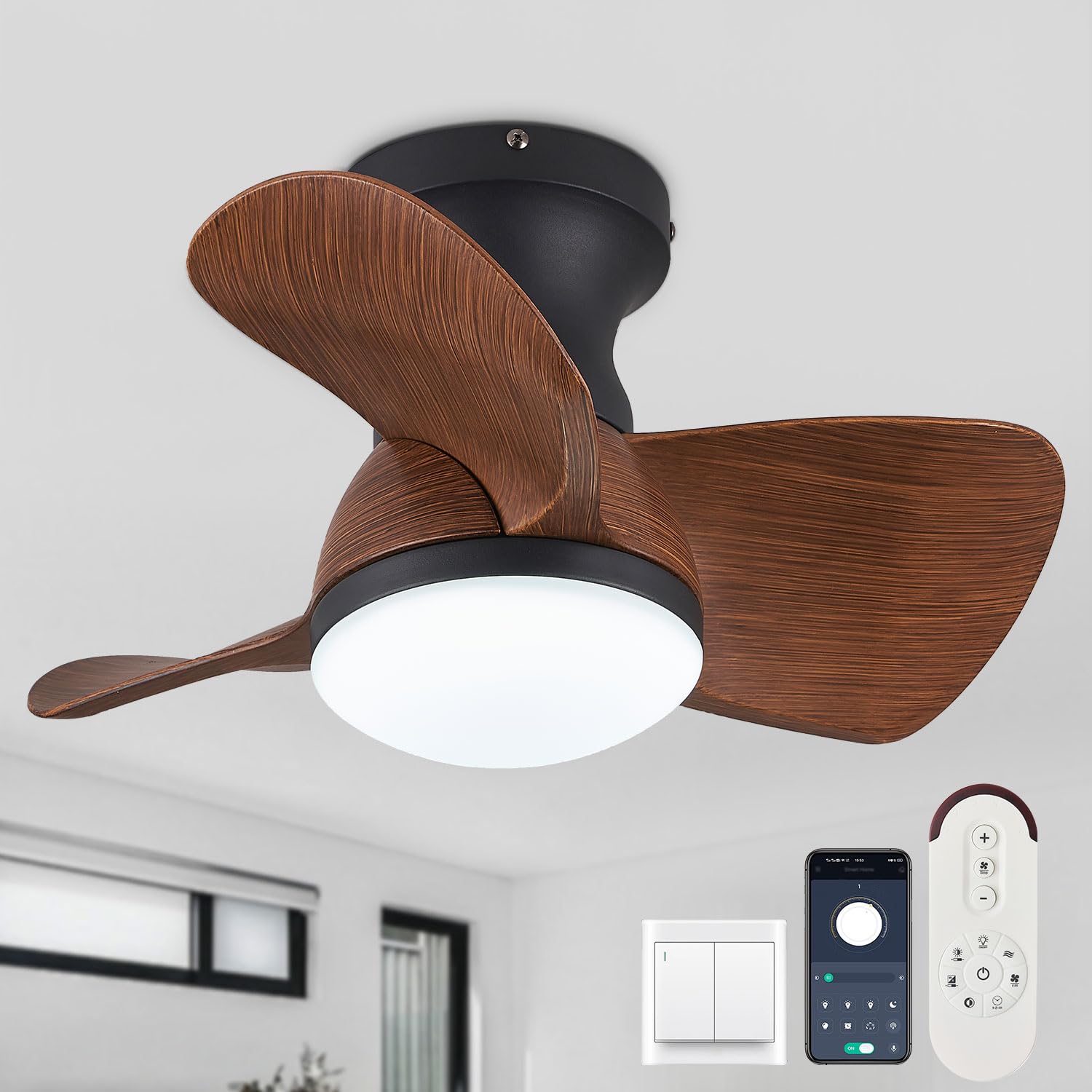 Finktonglan Black Ceiling Fans with Lights, 22 Inch Small Ceiling Fan with Light Flush Mount Fandelier with 3 Color Temperature APP& Remote Control 6 Wind Speed Timers for Bedroom Dining Room