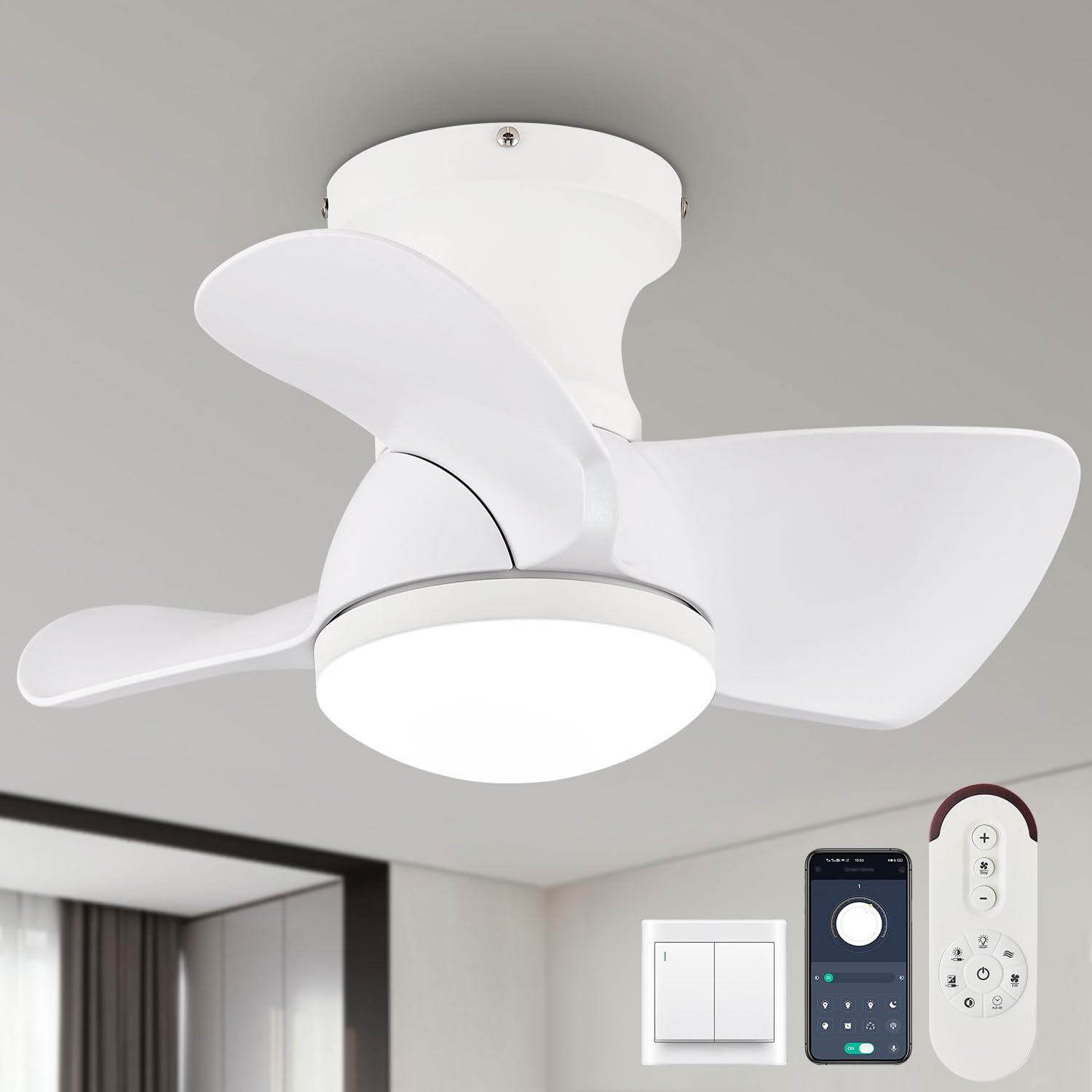 Finktonglan Small Ceiling Fan with Light, 22 Inch White Ceiling Fans with Lights Low Profile Fandelier with 3 Color Temperature APP& Remote Control 6 Wind Speed Timers for Bedroom Dining Room