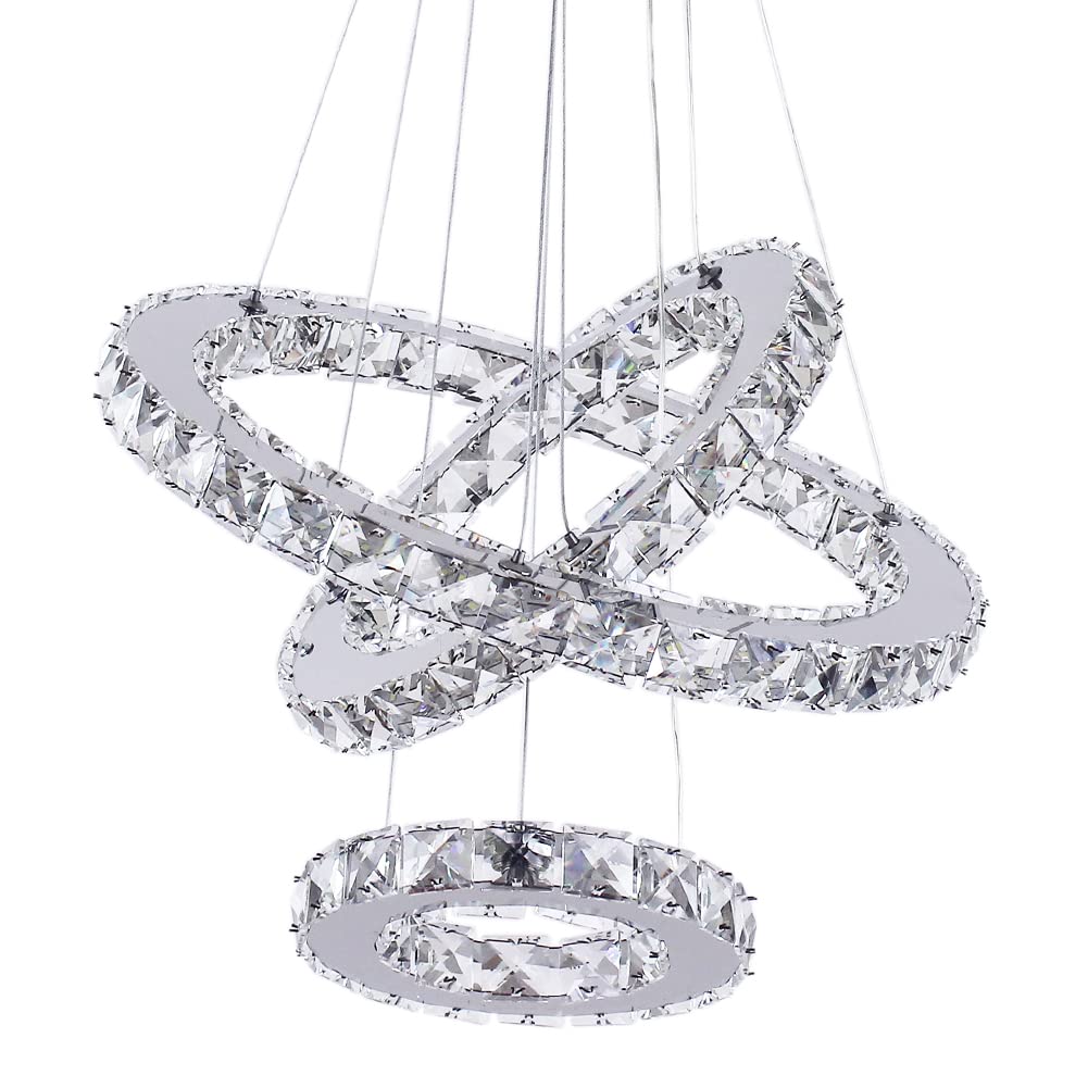 LED Chandeliers 3 rings LED Ceiling Lighting Fixture Modern Crystal Chandeliers Adjustable Stainless Steel Pendant Light for Bedroom Living Room Dining Room(Changeable Color,Control by button)