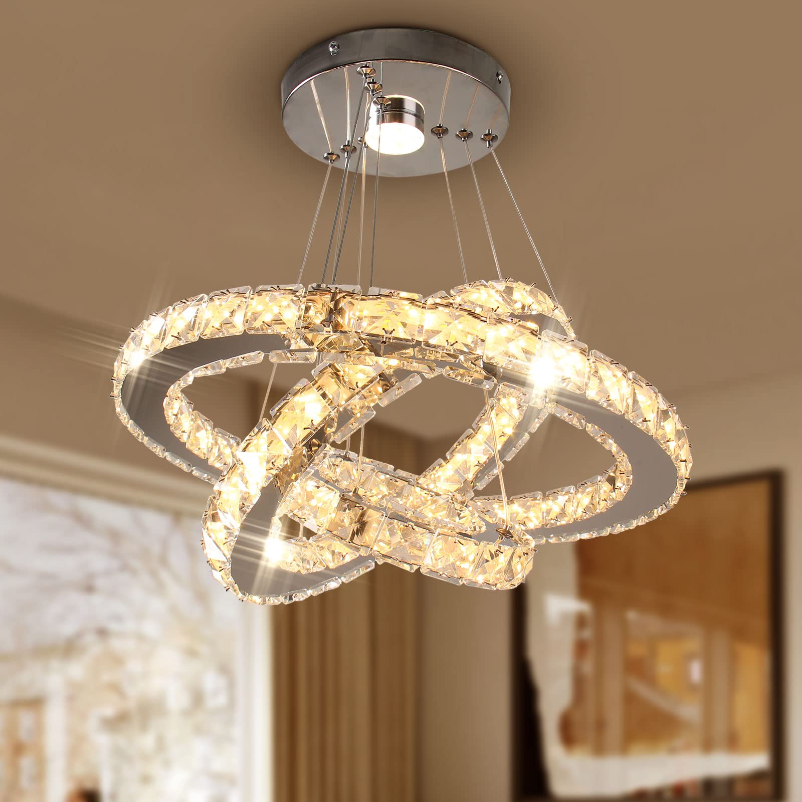 LED Chandeliers Modern Crystal 3 Rings Ceiling Lighting Fixture Adjustable Stainless Steel Pendant Light for Bedroom Living Room Dining Room(Warm White)