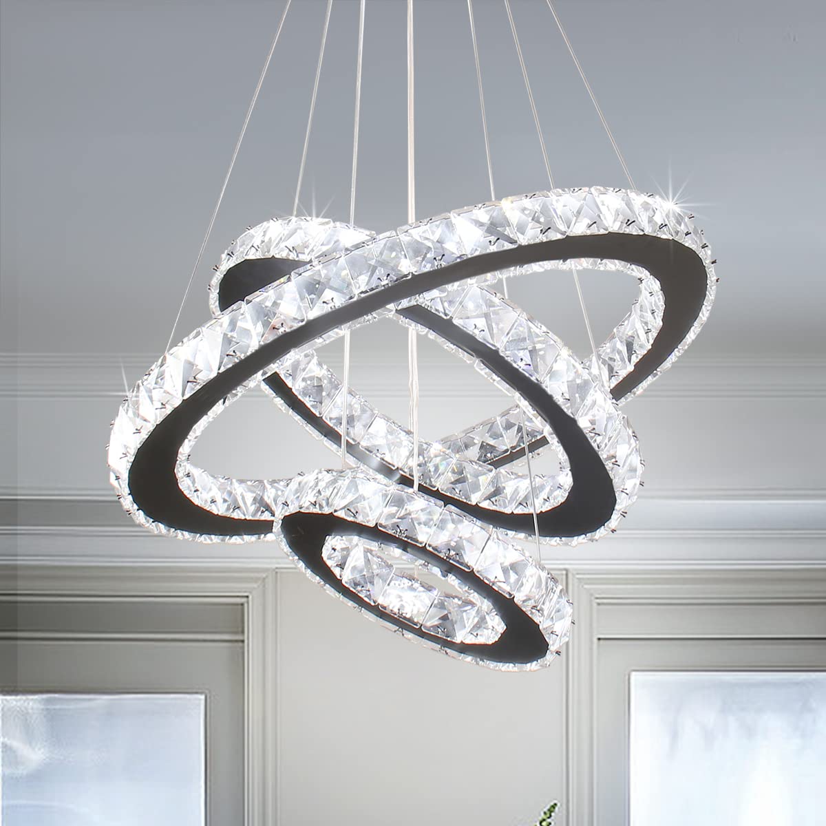 Modern LED Crystal Black Chandeliers 3 Rings Pendant Light Adjustable Height Ceiling Lamp for Dinning Room Bedroom Living Room (Cool White)