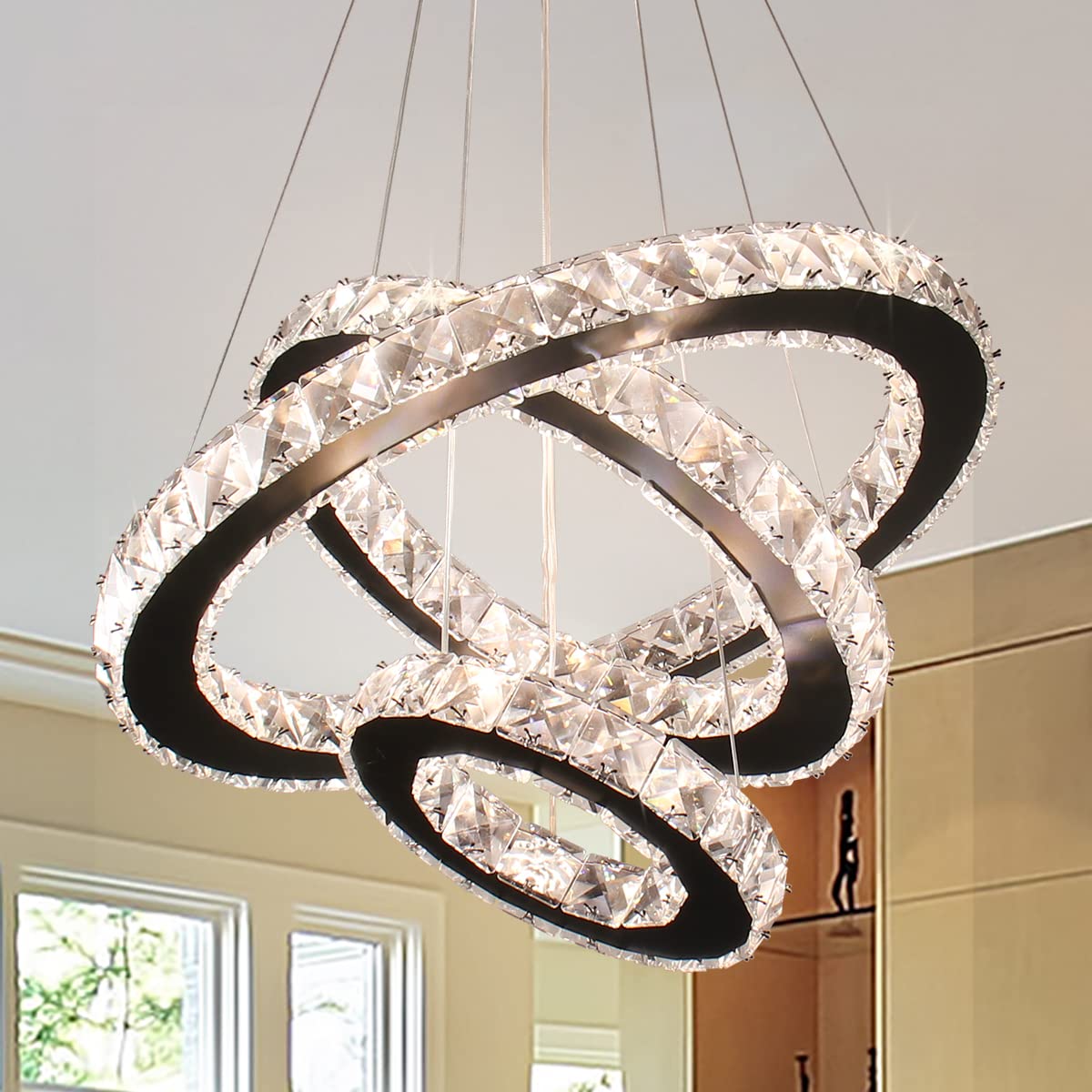 Dimmable Black Modern LED Crystal Chandeliers 3 Rings Pendant Light Adjustable Height Ceiling Lamp for Dinning Room Bedroom Living Room (Dimmable)