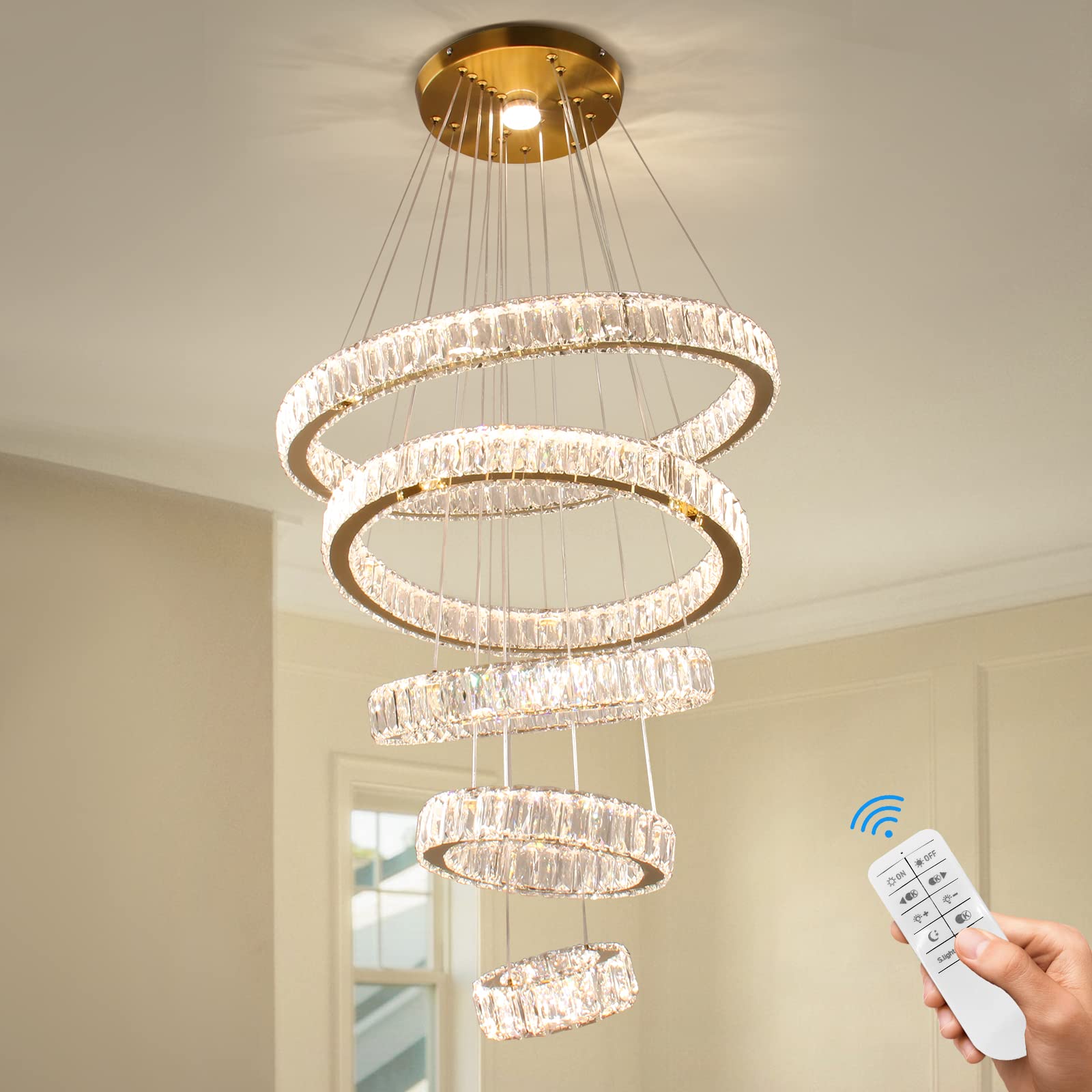 Dixun Dimmable Chandeliers LED Big Crystal Chandeliers Modern 5 Rings Pendant Light Adjustable Ceiling Light for Bedroom Dinning Room Kitchen