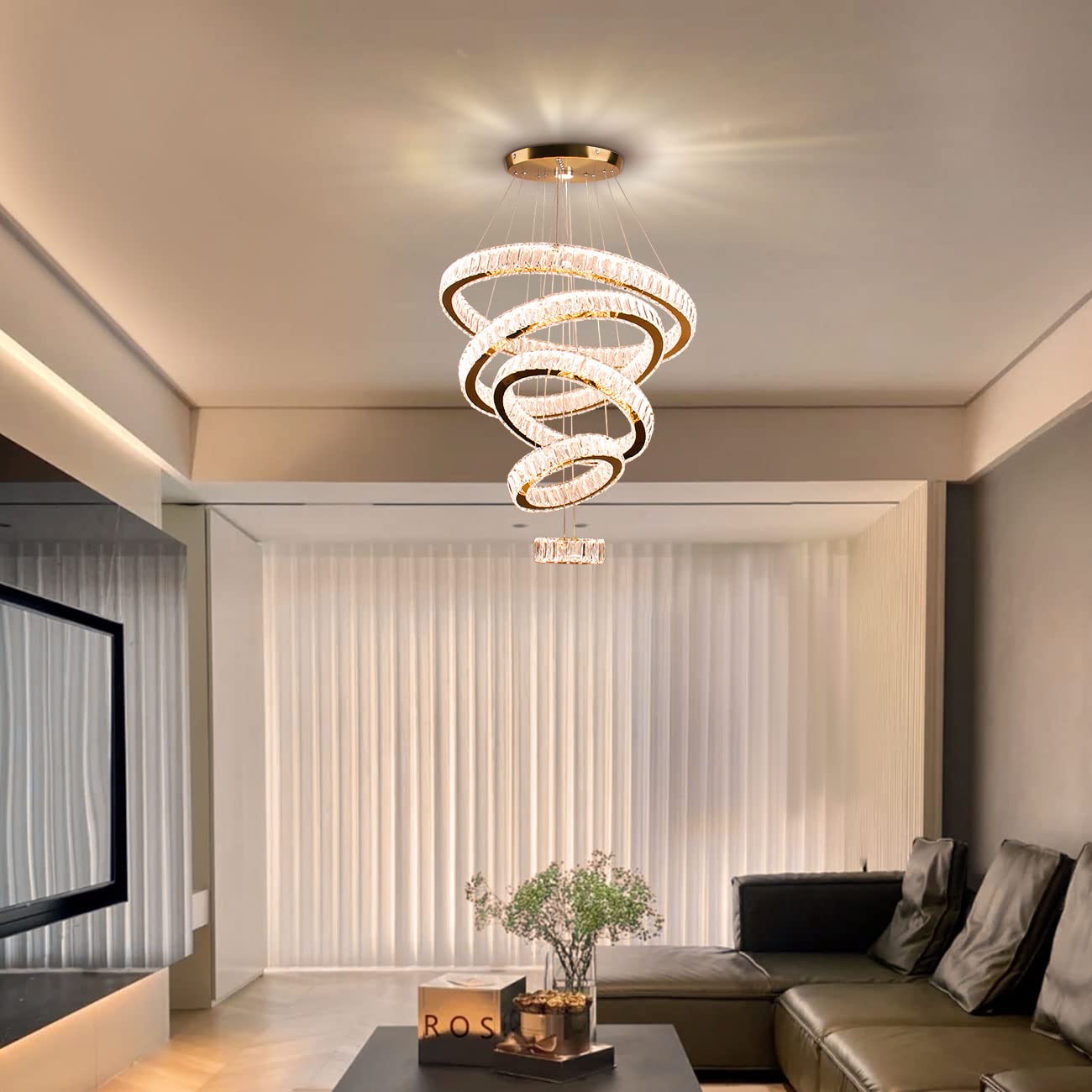 Dixun LED Big Crystal Chandeliers Modern 5 Rings Pendant Light Adjustable Ceiling Light for Bedroom Dinning Room Kitchen (Warm White)