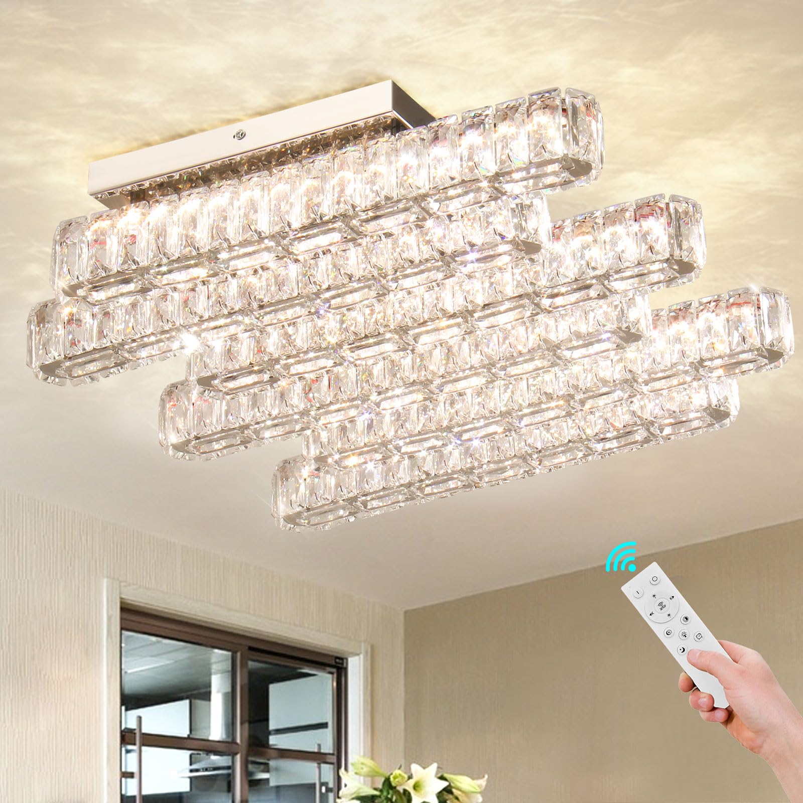 Dimmable LED Chandelier,LED Crystal Ceiling Light 6 Lights Flush Mount Rectangle Close to Ceiling Lamp Contemporary Luxury Island Clear Crystal Chandelier Lighting for Kitchen Living Room