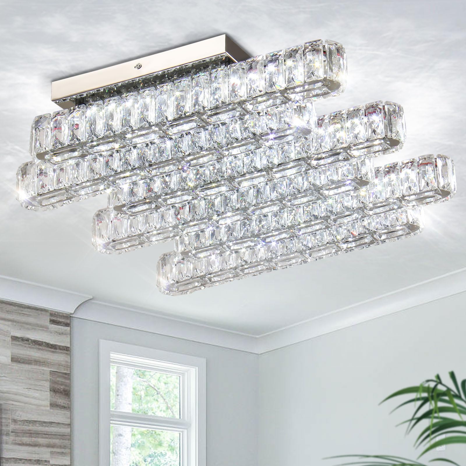 Modern LED Crystal Chandeliers 6 Lights Flush Mount Rectangle Ceiling Light Contemporary Luxury Island Clear Crystal Close to Ceiling Lighting for Living Room (4000K, Cool White)