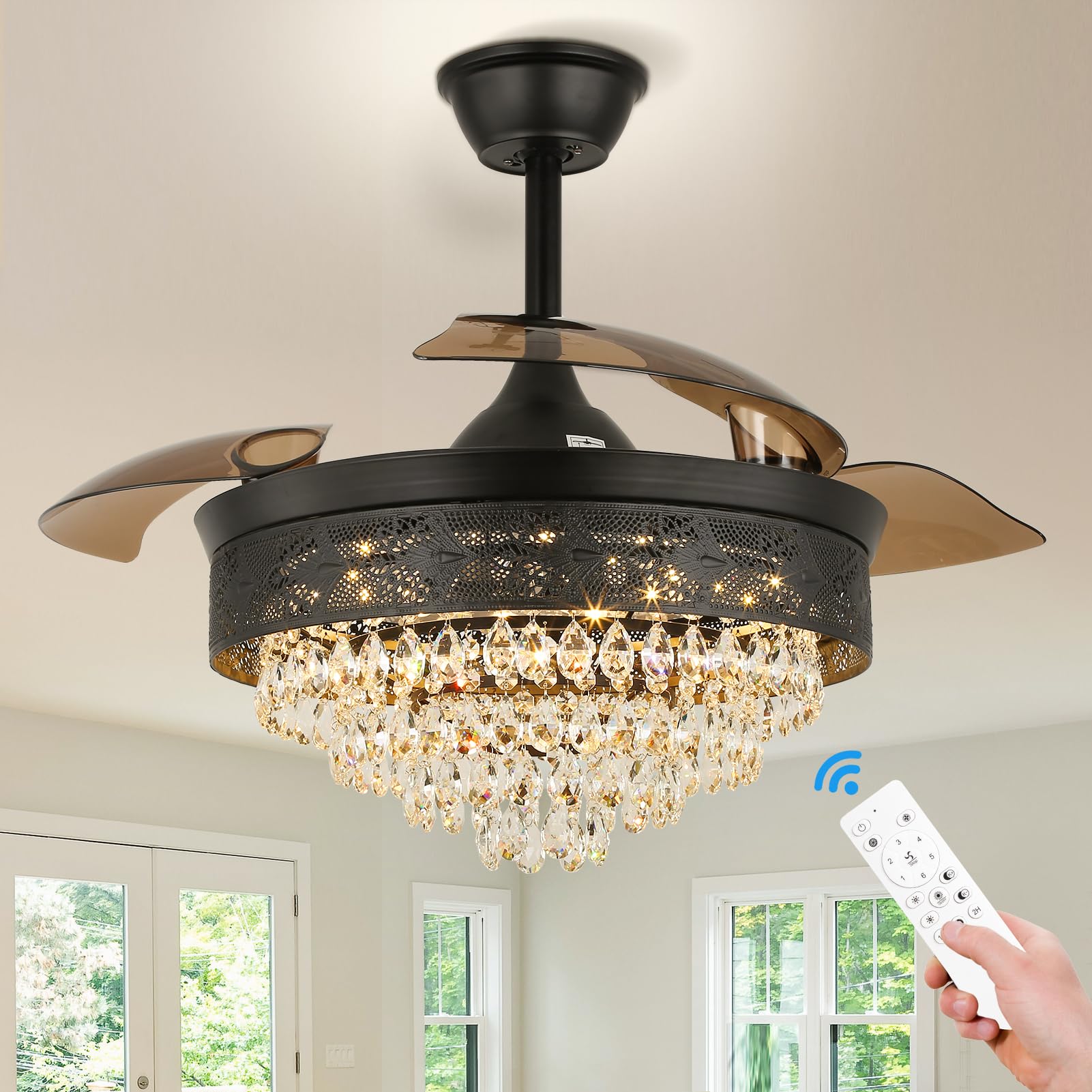 42'' Dimmable Crystal Ceiling Fandelier Chandeliers Modern LED Ceiling Fans with Light Remote Control Retractable Crystal Fandeliers for Bedrooms, APP & Memory Function, 6 Speeds