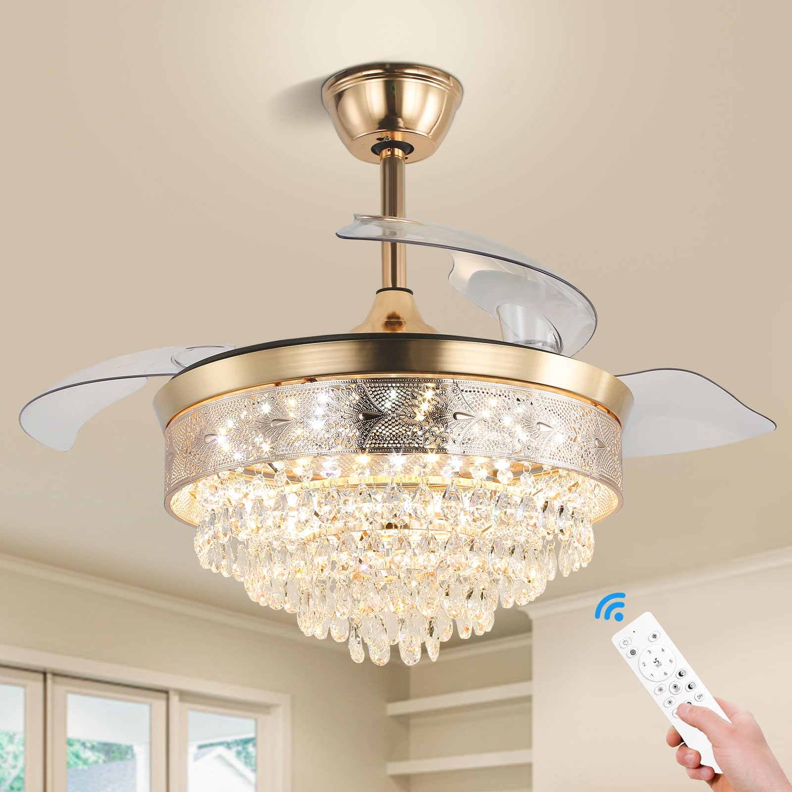 42'' Modern Crystal Ceiling Fandelier Chandeliers Dimmable LED Ceiling Fans with Light Remote Control Retractable Crystal Fandeliers for Bedrooms, APP & Memory Function, 6 Speeds