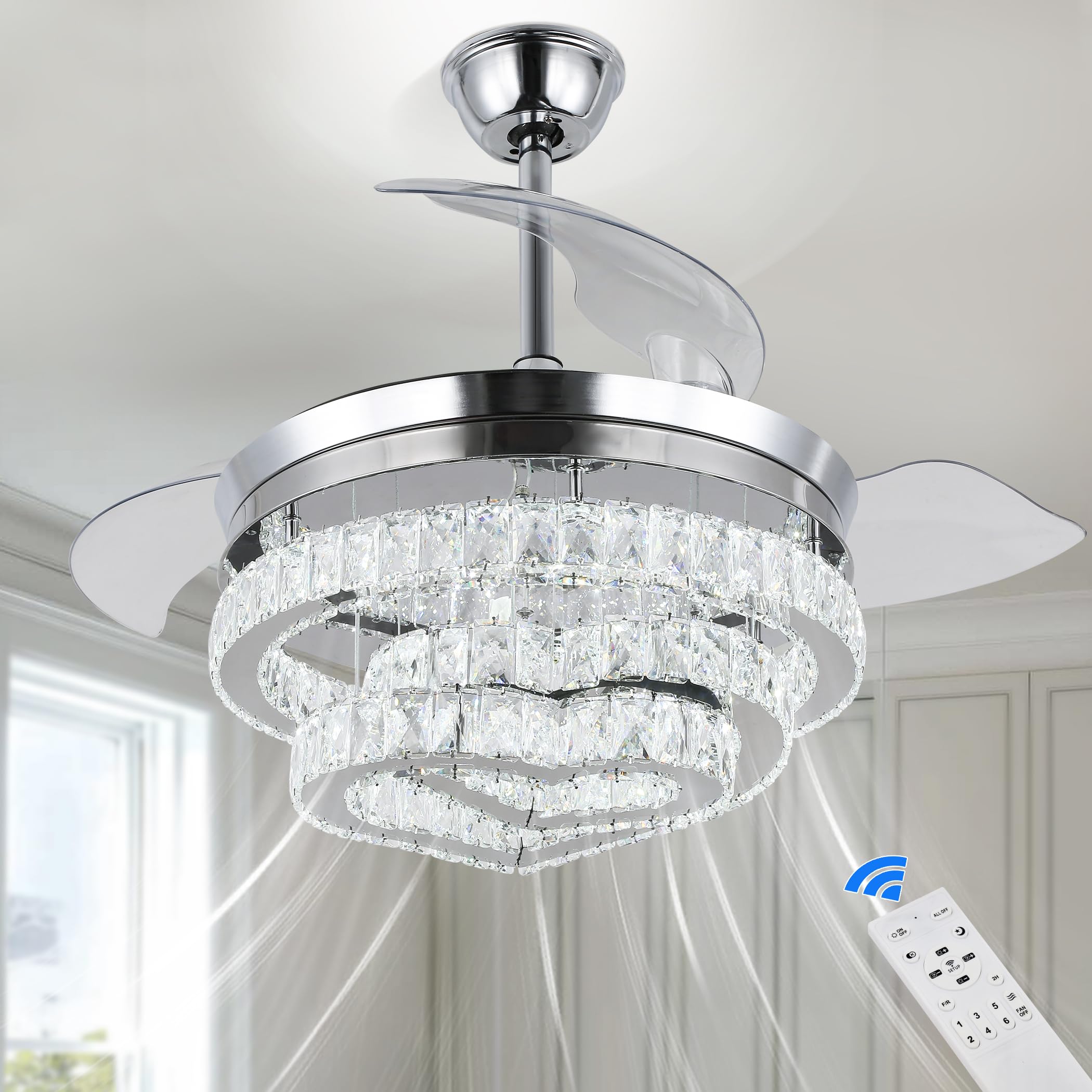 42'' Dimmable Crystal Ceiling Fans Modern LED Ceiling Fandelier Chandeliers with Light Remote Control Retractable Crystal Fandeliers for Bedrooms, APP & Memory Function, 6 Speeds