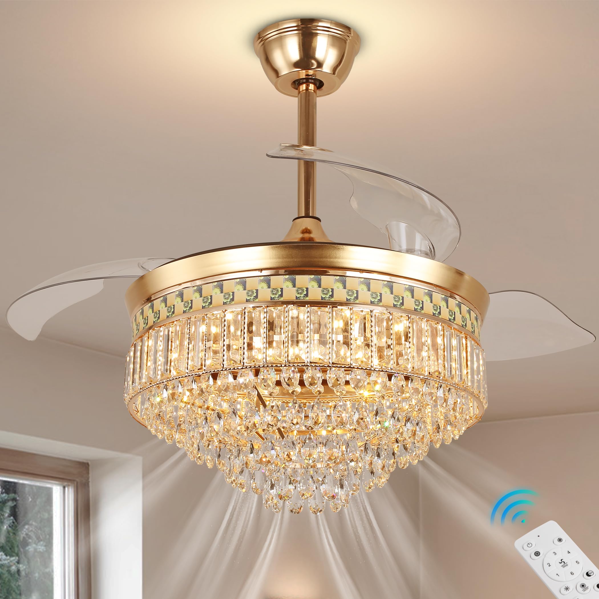 42'' Dimmable Fandalier Crystal Ceiling Fans LED Retractable Ceiling Fandeliers Chandelier with Light and Remote Ceiling Fan for Bedroom, APP & Memory Function, 6 Speeds