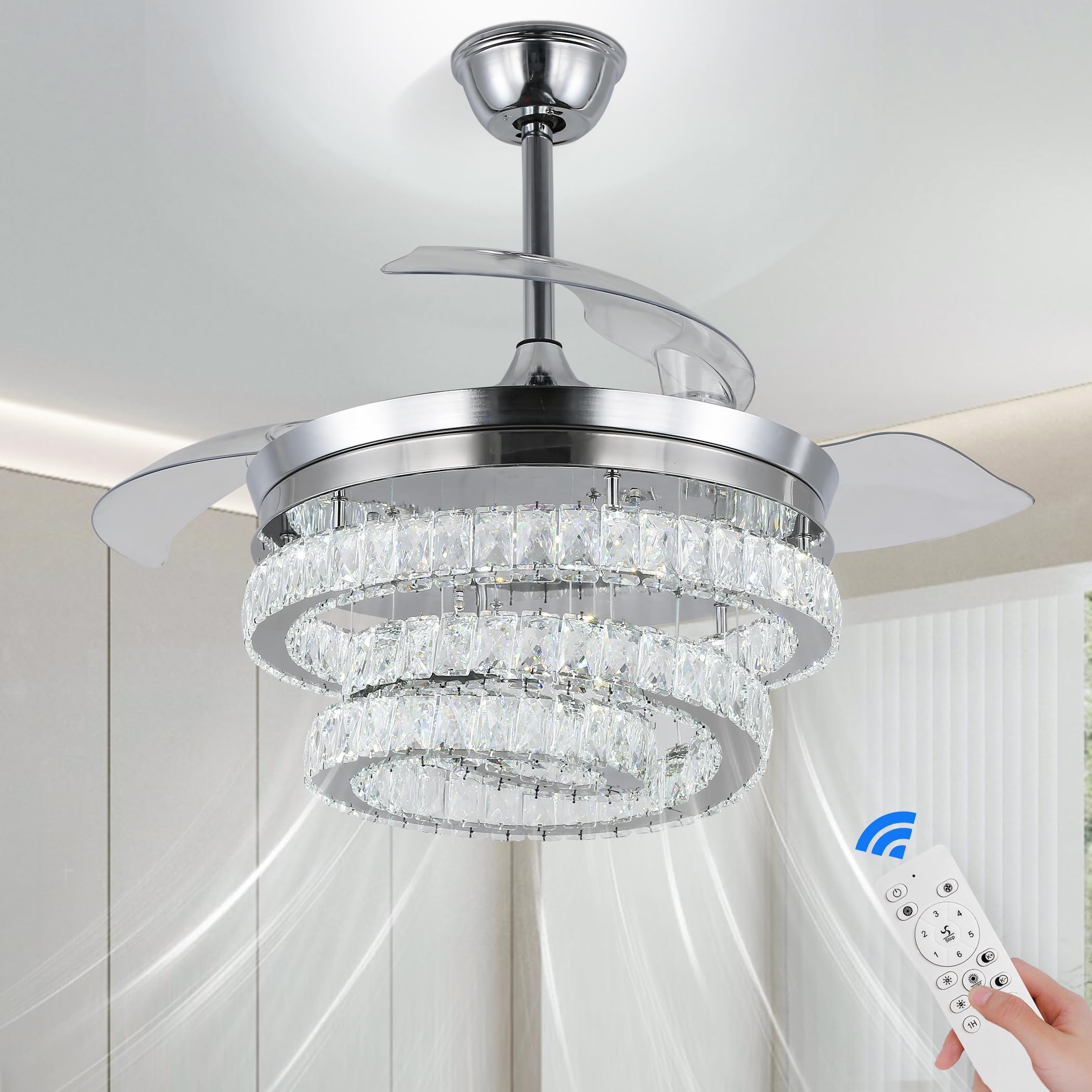42'' Dimmable Fandelier Modern Crystal Chandelier Ceiling Fan Retractable LED Ceiling Fandeliers with Light and Remote 6-Speed, APP & Memory Function Ceiling Fans for Bedroom