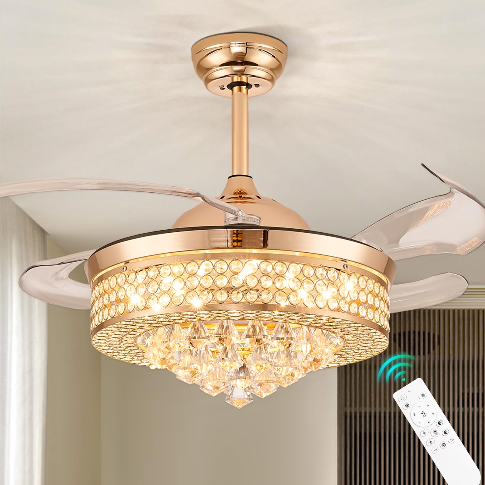 Finktonglan 42'' Dimmable Crystal Fandeliers LED Ceiling Fan with Light and Remote Modern Crystal Ceiling Fans 3 Color Change, Chandelier Fan with Lights 6 Speed for Living Room (Gold+Crystal)
