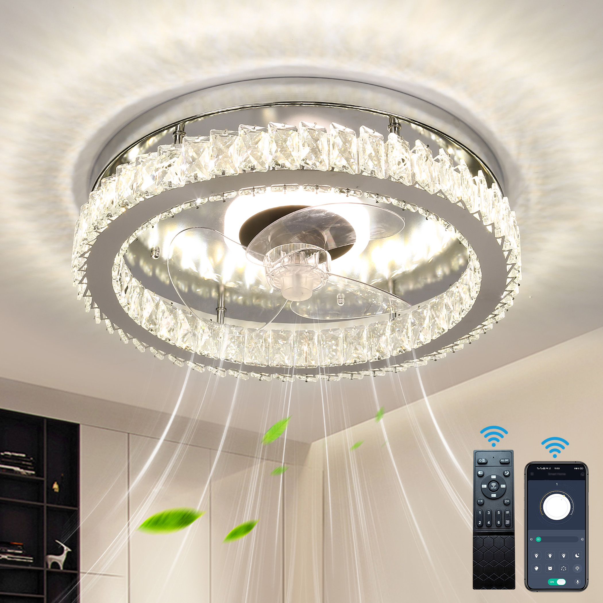 Finktonglan Modern Crystal Led Ceiling Fan Lighting Chrome Fandeliers with Light and Remote 6-Speed Chandelier Fixtures 18.9" Home Appliance Indoor Interior Room Decoration