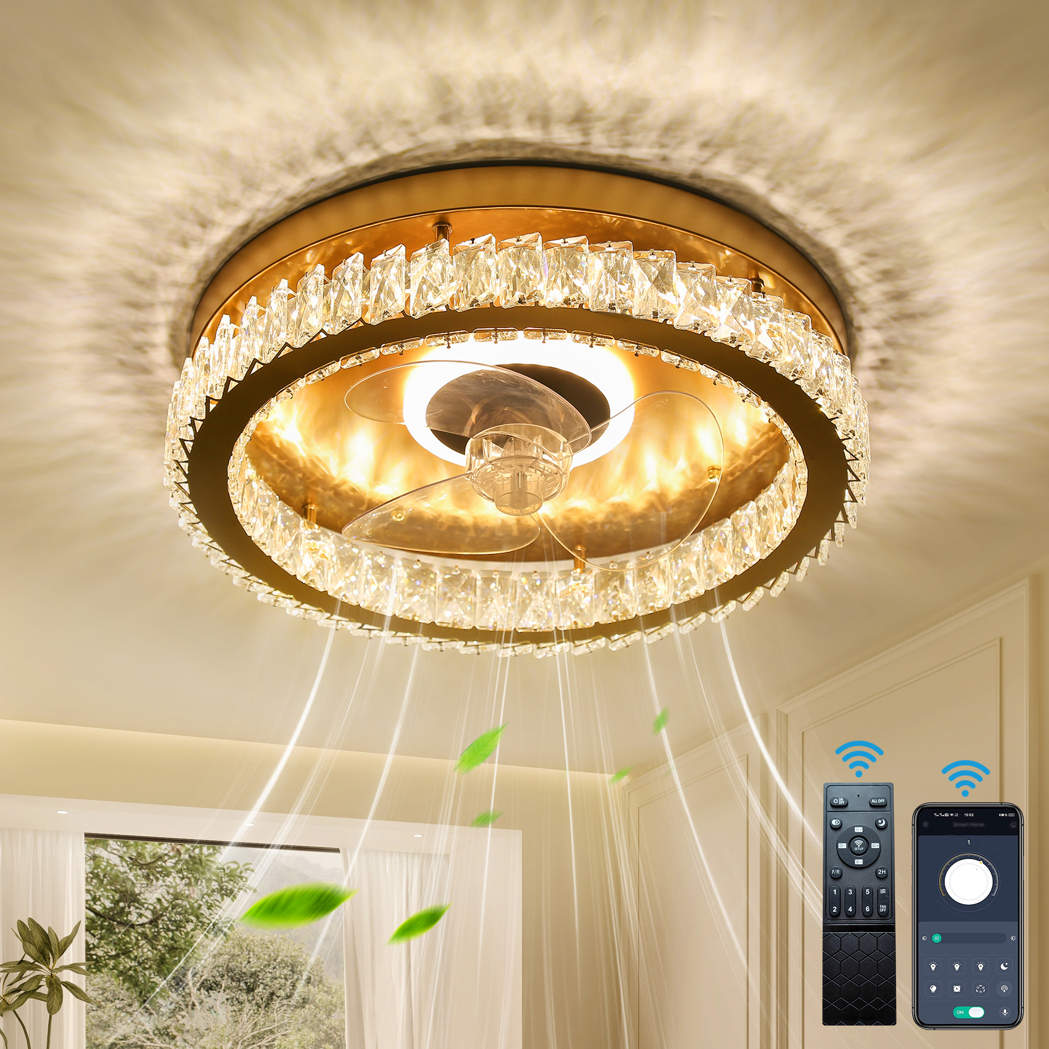 Finktonglan Modern Crystal Led Ceiling Fan Lighting Gold Fandeliers with Light and Remote 6-Speed Chandelier 18.9" Fixtures Home Appliance Indoor Interior Room Decoration