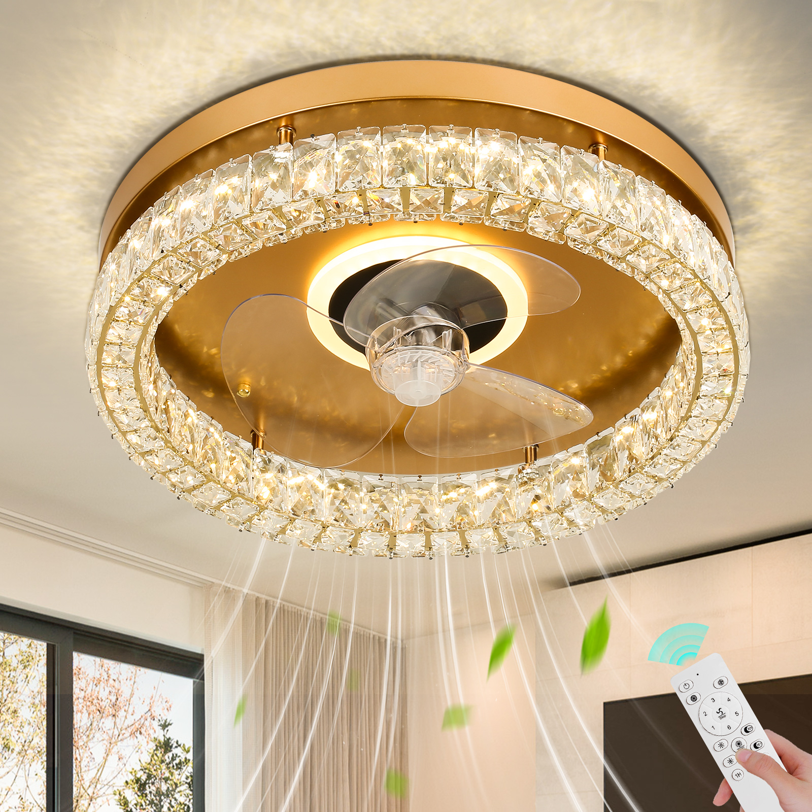 Finktonglan Modern Crystal Led Ceiling Fan Lighting Gold Fandeliers with Light and Remote 6-Speed Chandelier Fixtures 18.9" Home Appliance Indoor Interior Room Decoration