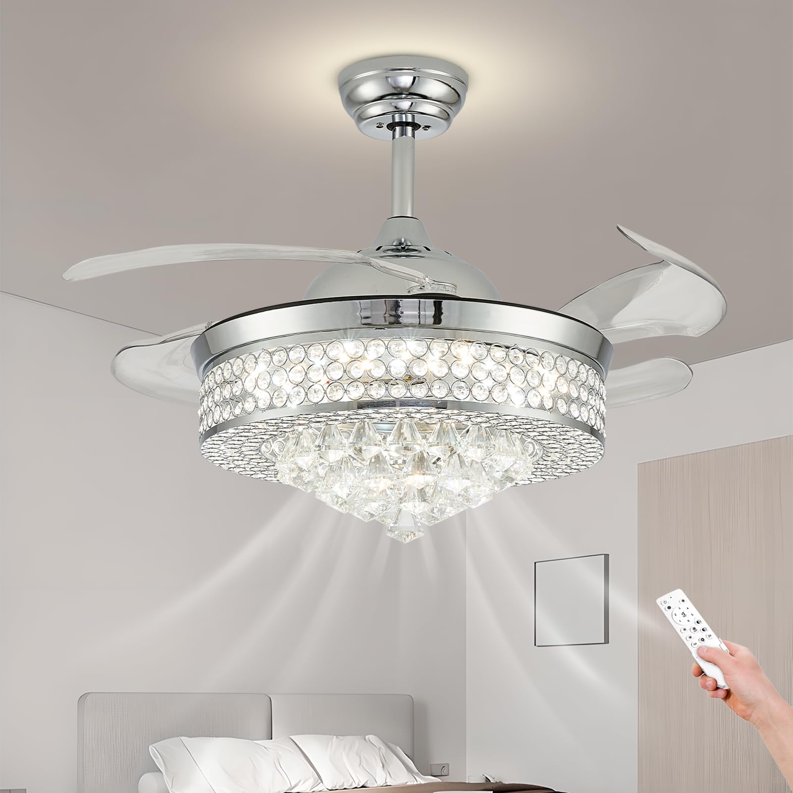 Finktonglan 42'' Dimmable Crystal Fandeliers Chandelier Fans with Remote, LED Ceiling Fan with Lights for Bedroom Dining Room Retractable Blade 6 Speed 3 Color Change, Chrome