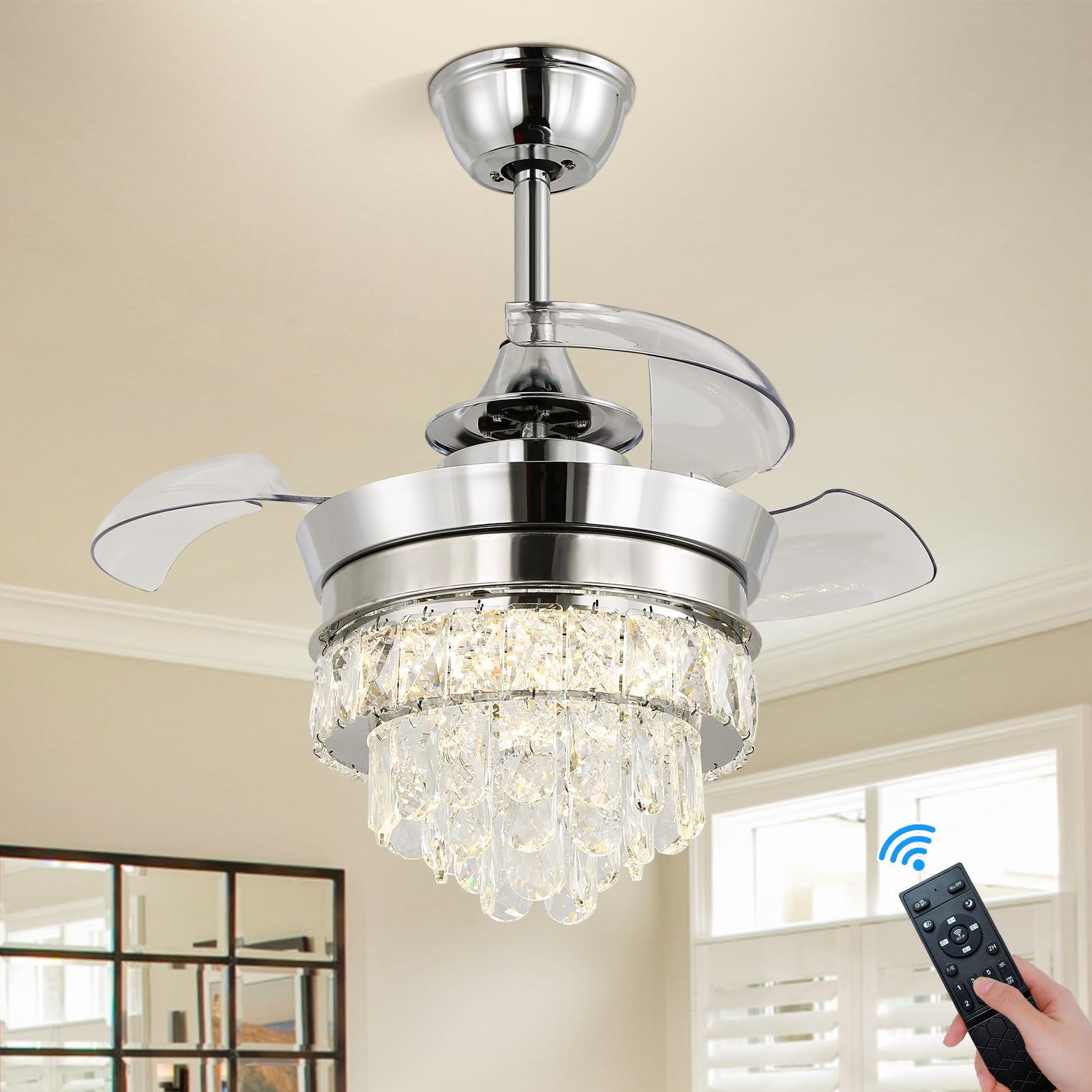 22" LED Crystal Ceiling Fan with Light Bedroom Small Fandeliers Dimmable 6 Speed Timing Chandeleir Fan with Lights for Bedroom Living Room (2202-Chrome)