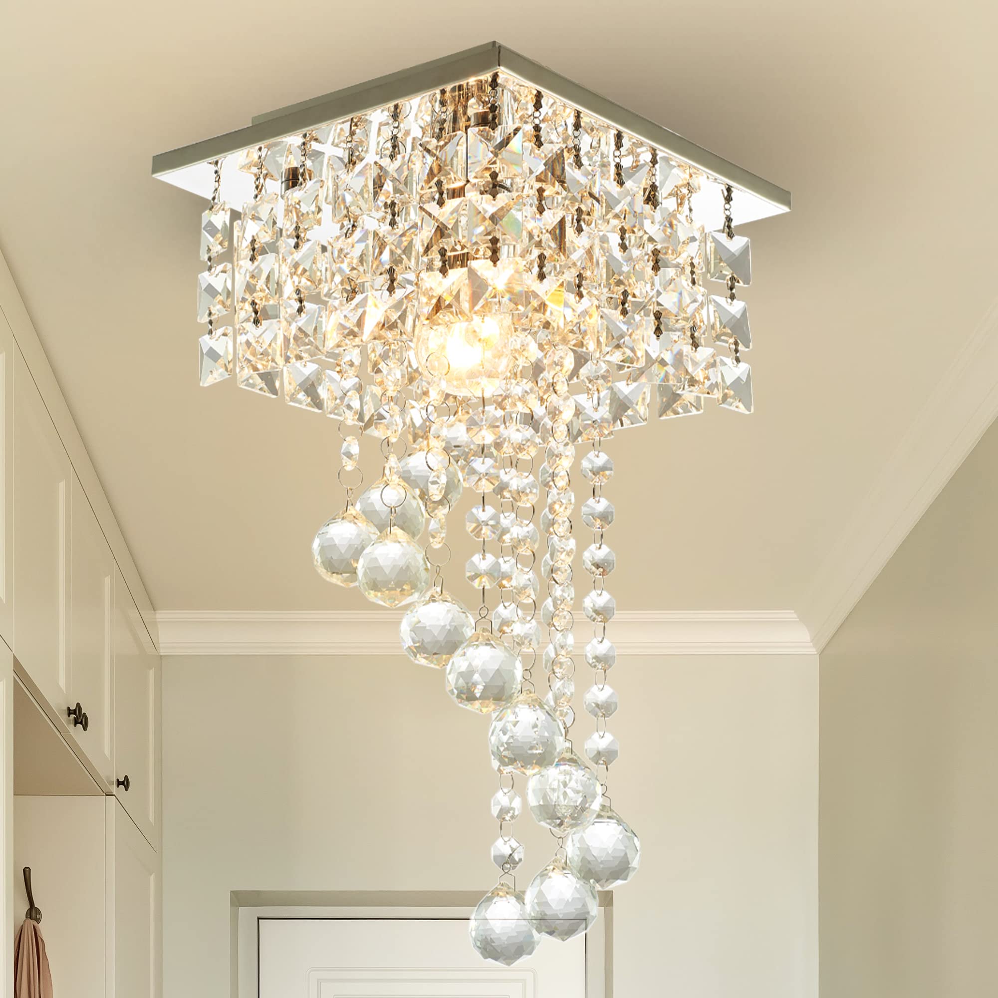 Finktonglan Mini Crystal Chandelier, Modern Small Chandeliers Ceiling Light Fixture Square Flush Mount Ceiling Lights for Hallway Bedroom Dining Room Foyer Kitchen (E26)