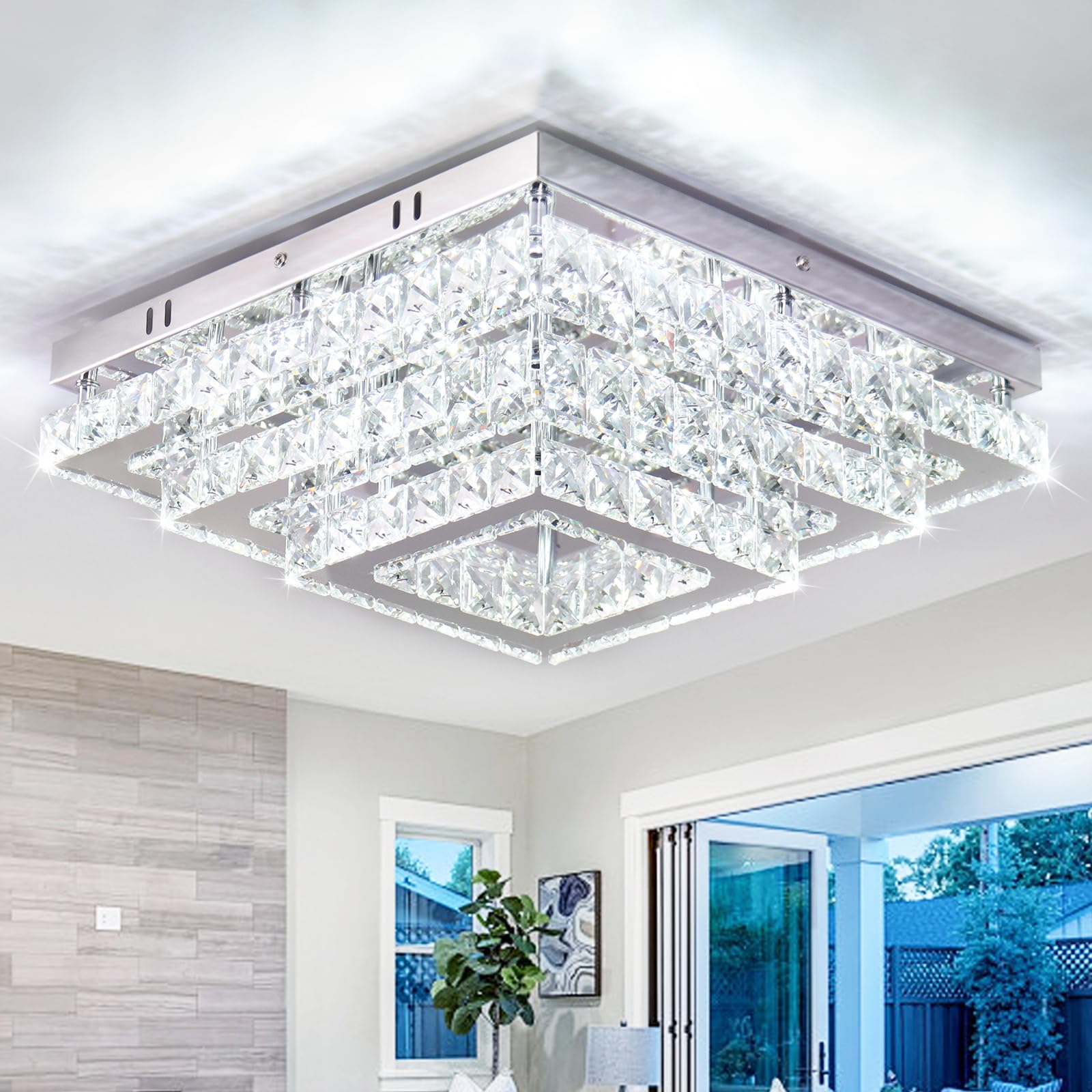 Finktonglan Square Crystal LED Ceiling Light Fixtures, 15” Modern Chandelier Ceiling Lights 3-tiers Flush Mount Ceiling Lamp Fixture for Living Room Dining Room(6500K Cool White)