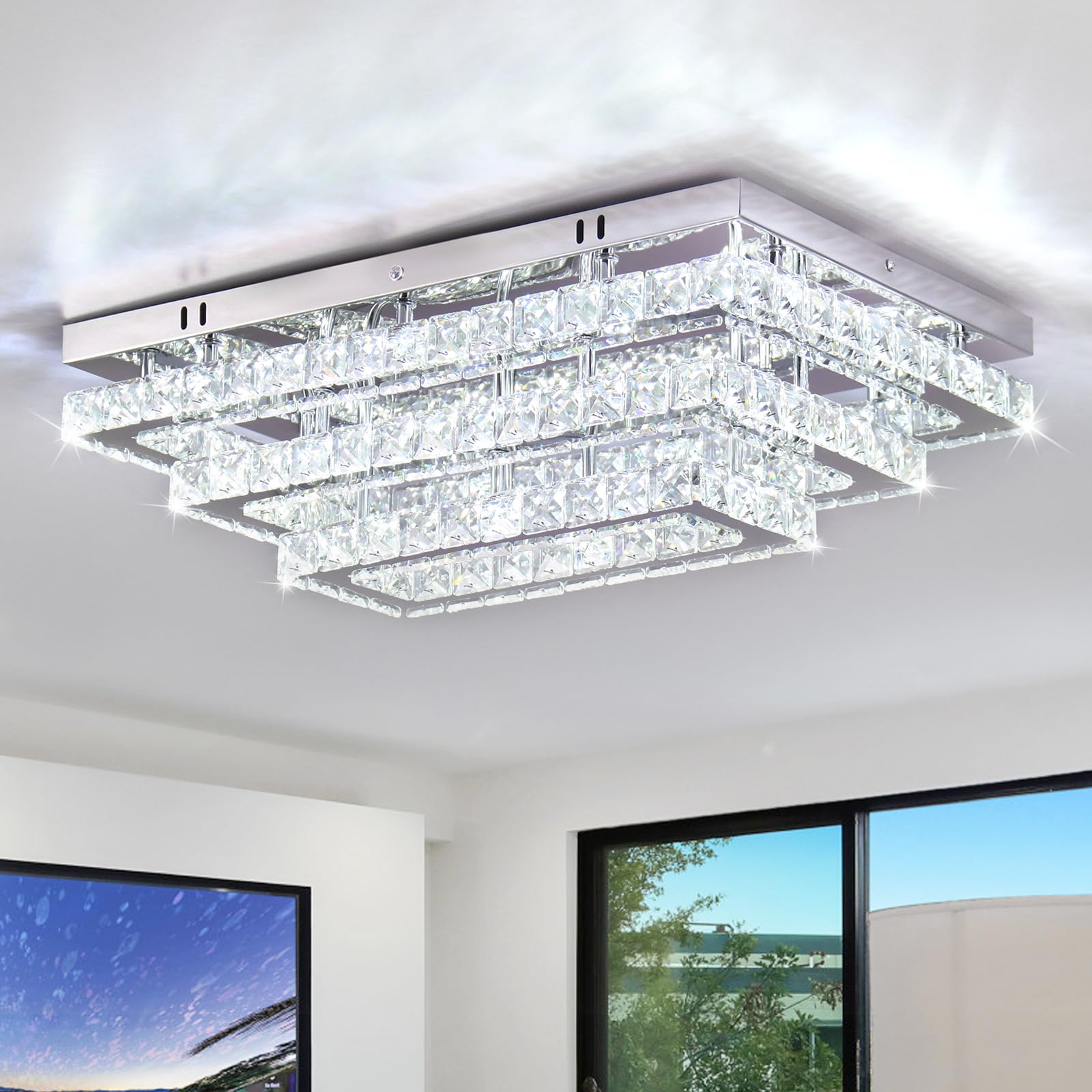 Finktonglan Modern Crystal LED Ceiling Light FIxture 20” Rectangular Flush Mount Chandelier Ceiling Lights 3-tiers Stainless Steel Ceiling Lamp Fixtures for Living Room Dining Room(6500K Cool White)