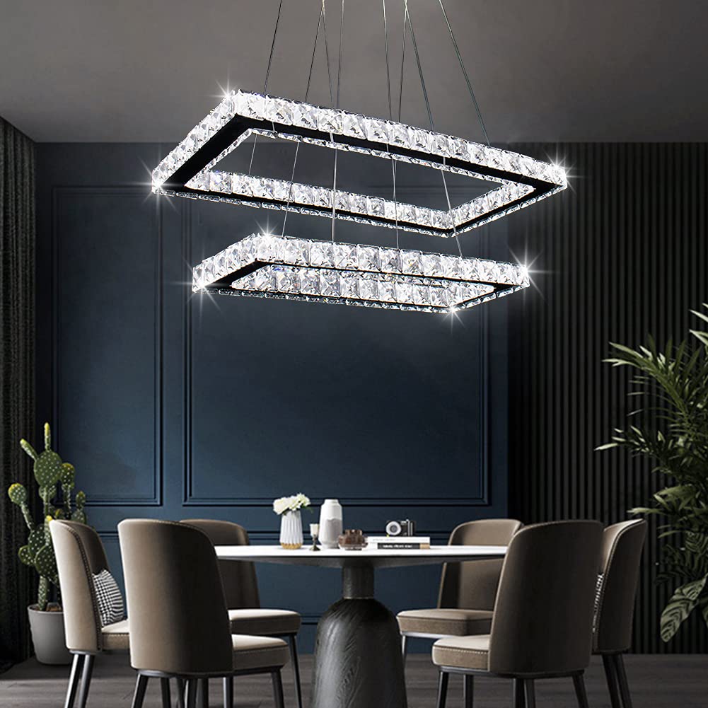 Finktonglan Modern Chandelier, Rectangular 2 Rings Crystal Pendant Chandeliers LED Pendant Ceiling Light for Dining Room Living Bedrooms (6000K Cool White)