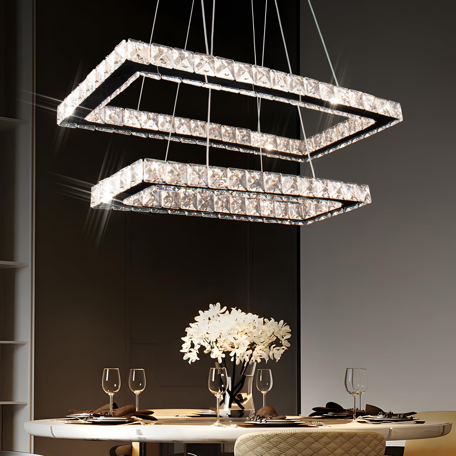 Finktonglan Modern Chandelier 2 Rings Rectangular Crystal Chandeliers LED Pendant Light Adjustable Height Hanging Light for Dining Room Living Room Kitchen Island, 2500K-6500K MultiColor