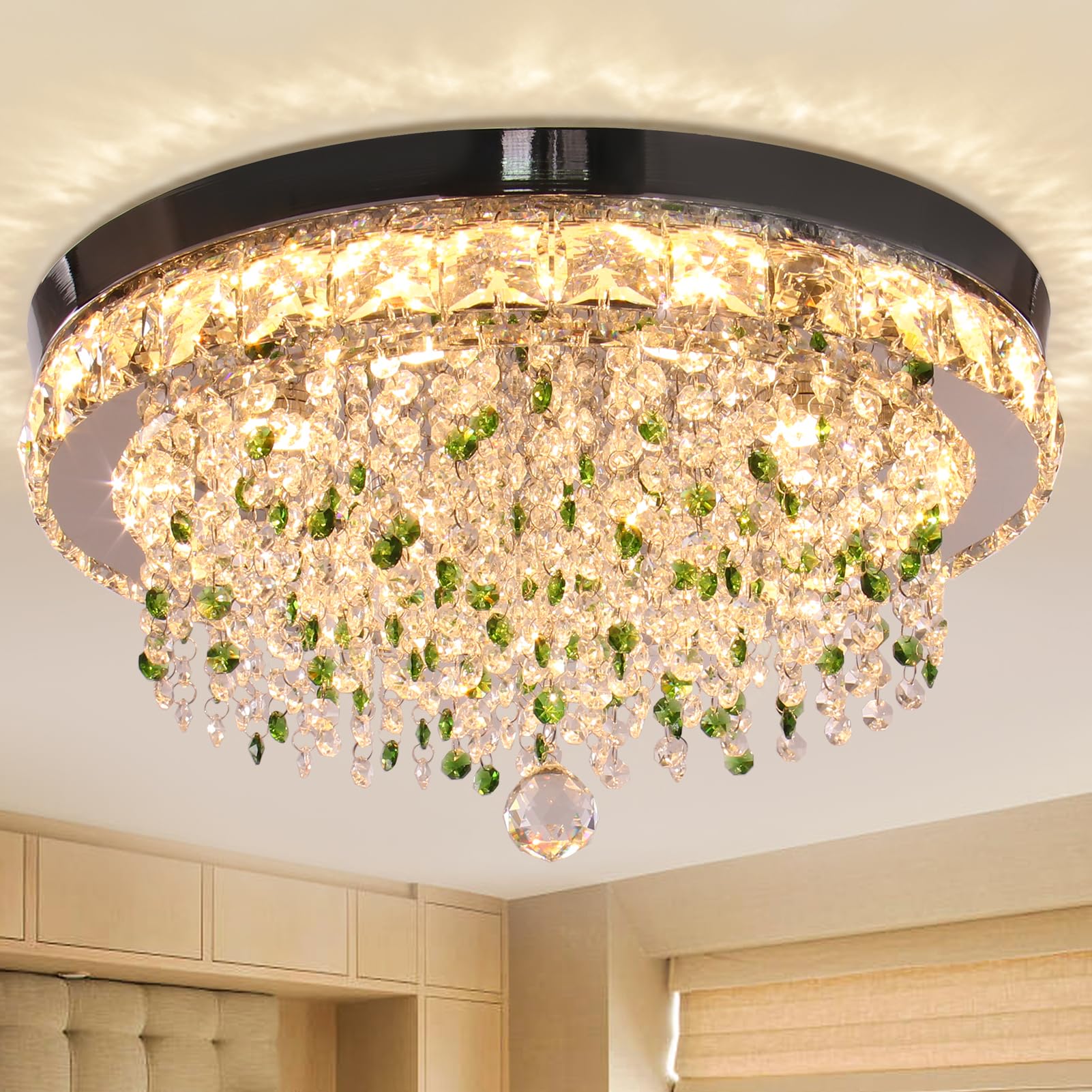 Finktonglan 18'' Crystal Ceiling Light, Modern LED Chandeliers with Green Crystals, 8 Brightening Spotlight Flush Mount Crystal Chandeliers for Bedrooms Living Room Dining Room(2500K Warm)