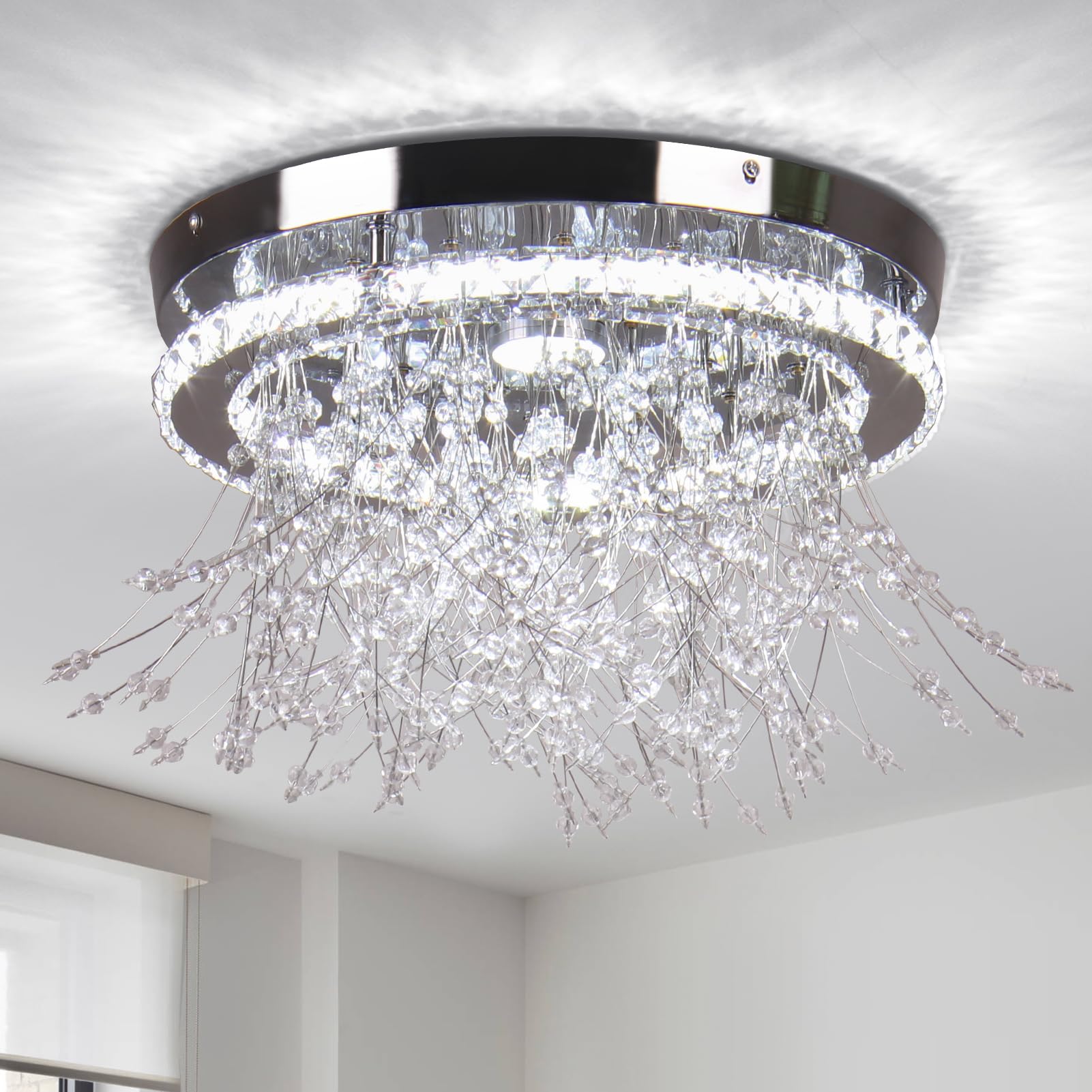 Finktonglan Crystal Chandeliers, 13.8'' Sputnik Crystal Ceiling Light Firework Flush Mount LED Ceiling Lamp Dandelion Chandelier Lighting for Bedroom Living Room Hallway Entryway(6500K White)