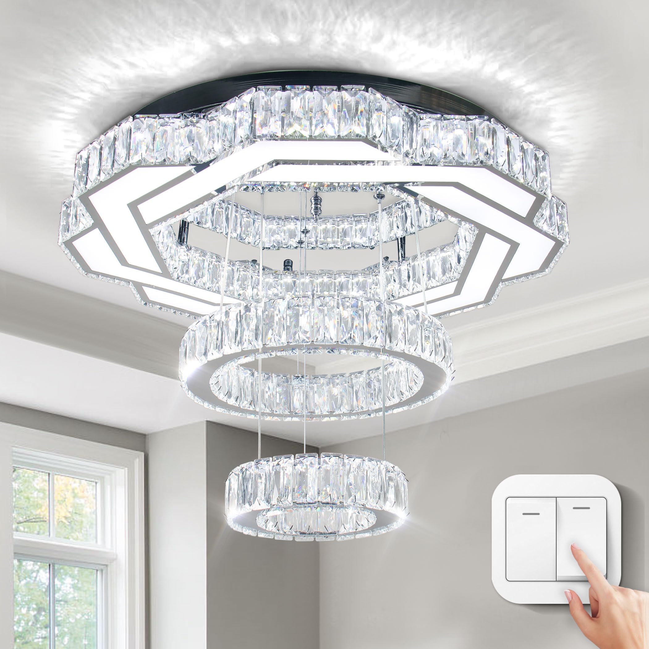 Finktonglan 22.5'' Modern Crystal Chandeliers LED Chandelier for Living Room Flush Mount Ceiling Light Fixtures 3 Color Change Round Fixture for Bedroom Foyer Pendant Light 3000-6000K(Changeable)