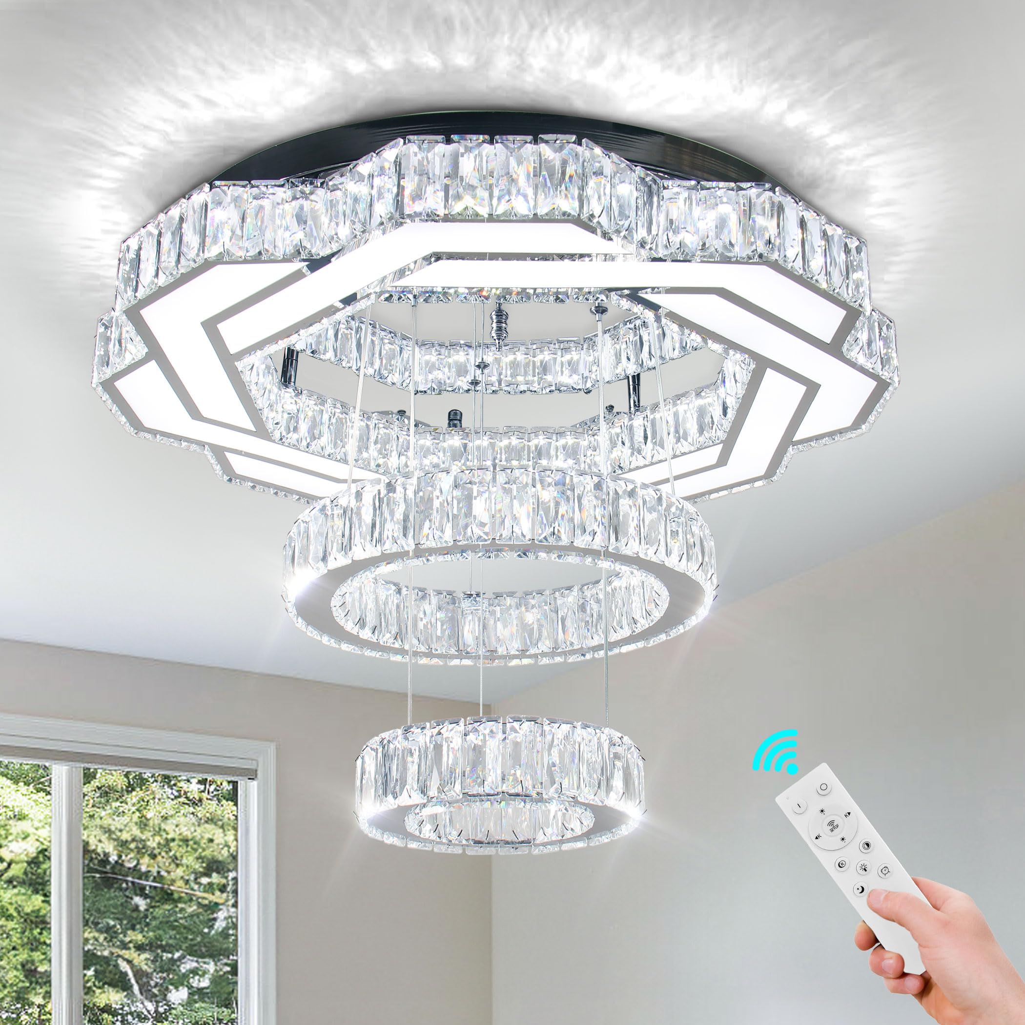 Finktonglan 22.5'' Modern Crystal Chandeliers LED Dimmable Chandelier for Living Room Flush Mount Ceiling Light Fixtures Round Fixture for Bedroom Foyer Pendant Light 3000-6000K(Dimmable)