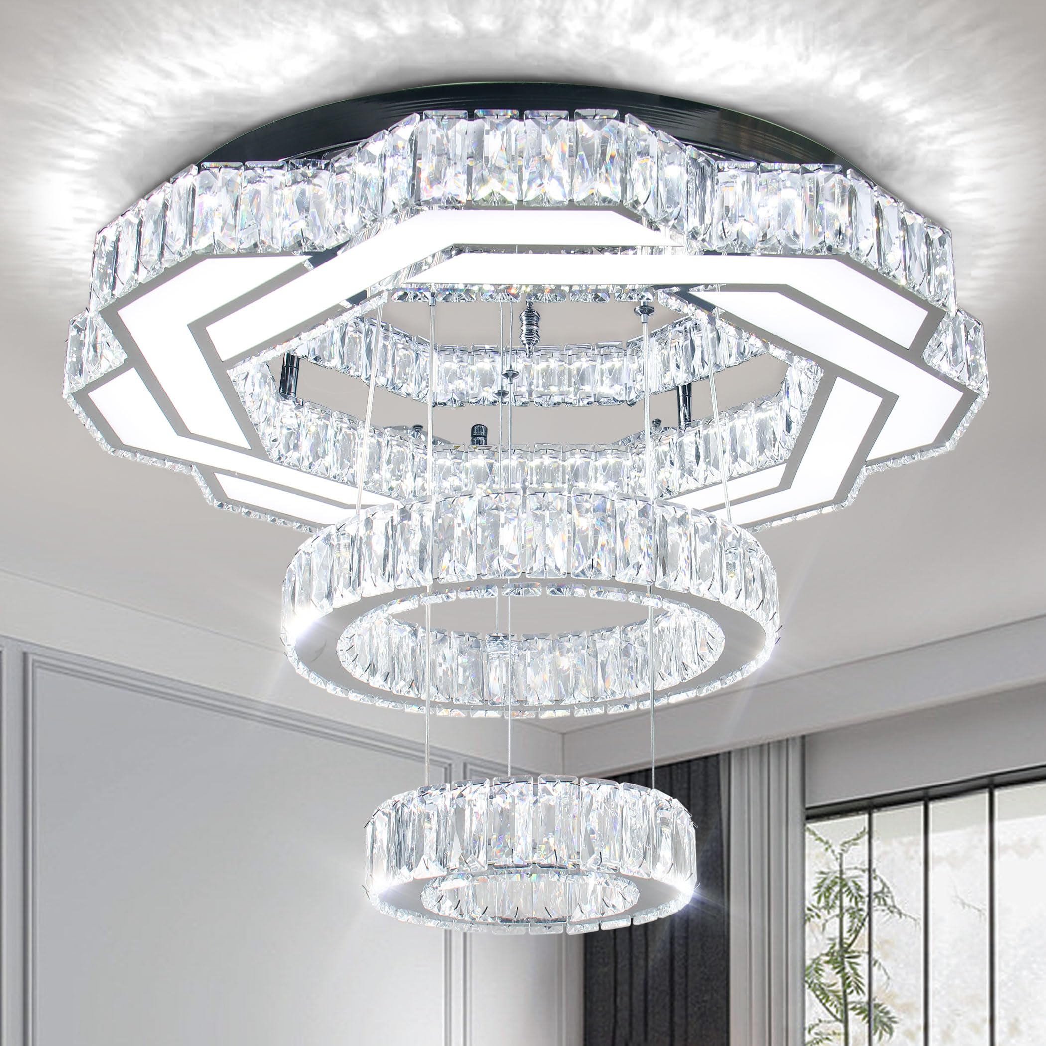 Finktonglan 22.5'' Modern Crystal Chandeliers LED Chandelier for Living Room Flush Mount Ceiling Chandeliers Round Ceiling Light Fixtures for Bedroom Foyer Pendant Light 6000K(Cool White)