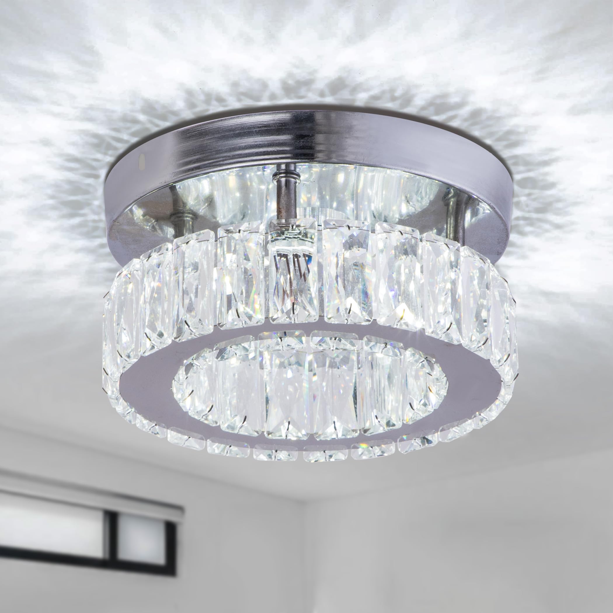 Finktonglan Modern Crystal Ceiling Light LED Mini Chandelier Flush Mount Ceiling Light Fixtures K9 Crystal Round Ceiling Lamp for Hallway Foyer Bedroom