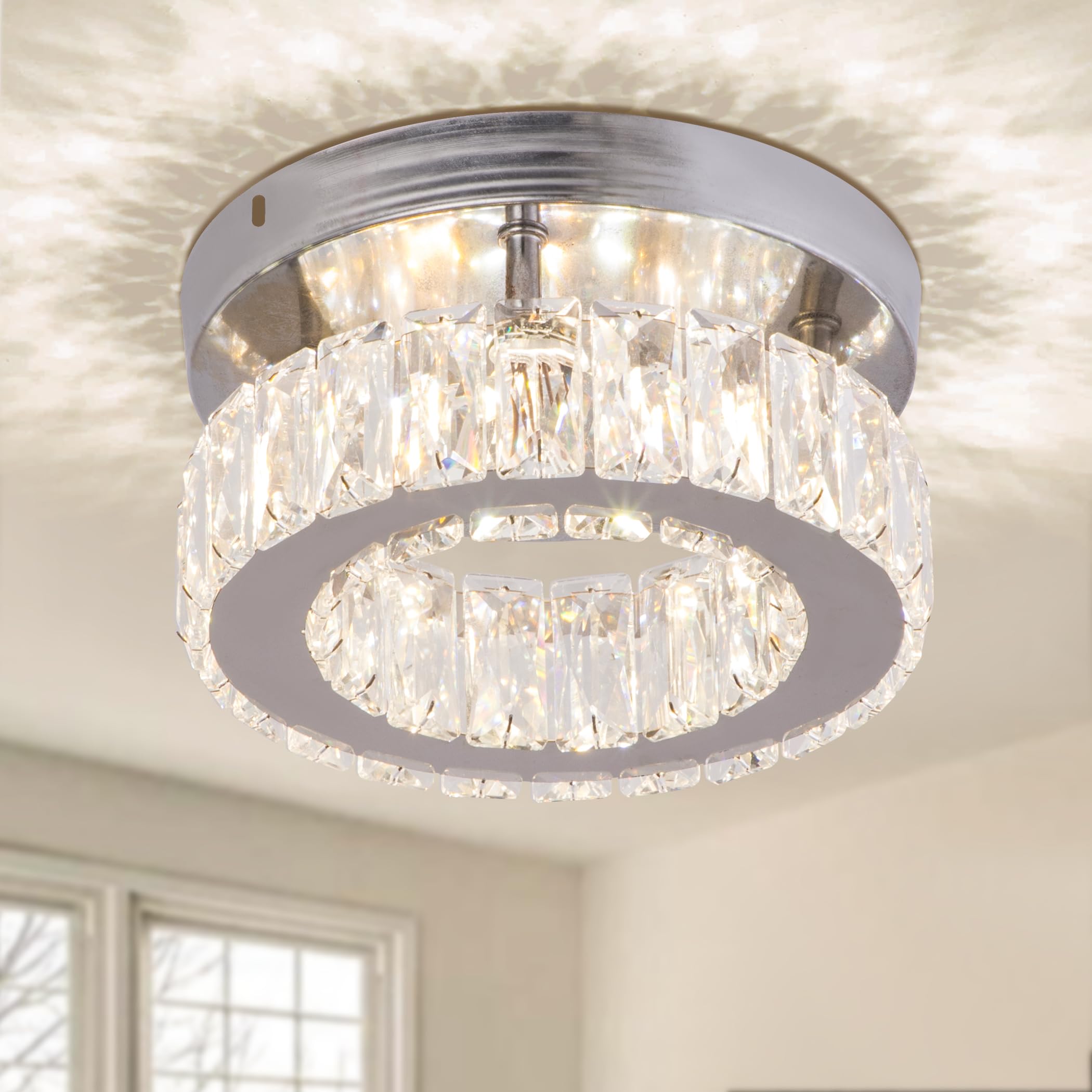 Finktonglan Modern Crystal Ceiling Light LED Mini Chandelier Flush Mount Ceiling Light Fixtures K9 Crystal Round Ceiling Lamp for Hallway Foyer Bedroom