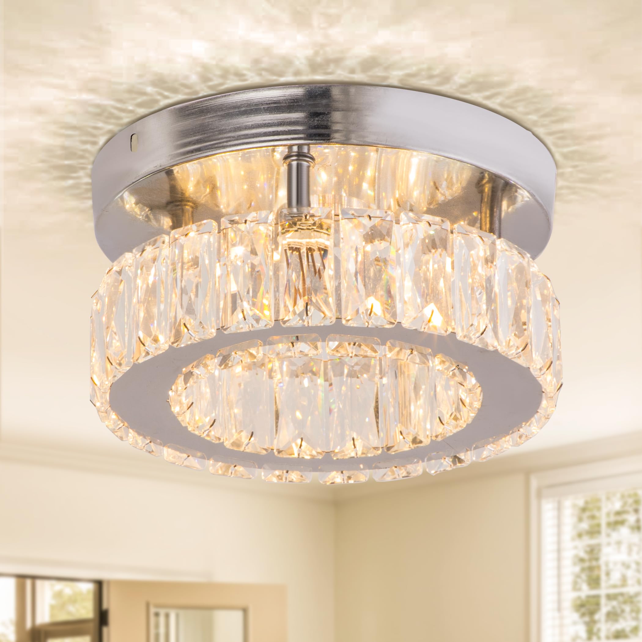 Finktonglan Modern Crystal Chandelier LED Small Chandeliers Flush Mount Ceiling Light Fixtures Mini Crystal Round Ceiling Lamp for Bedroom Hallway Foyer