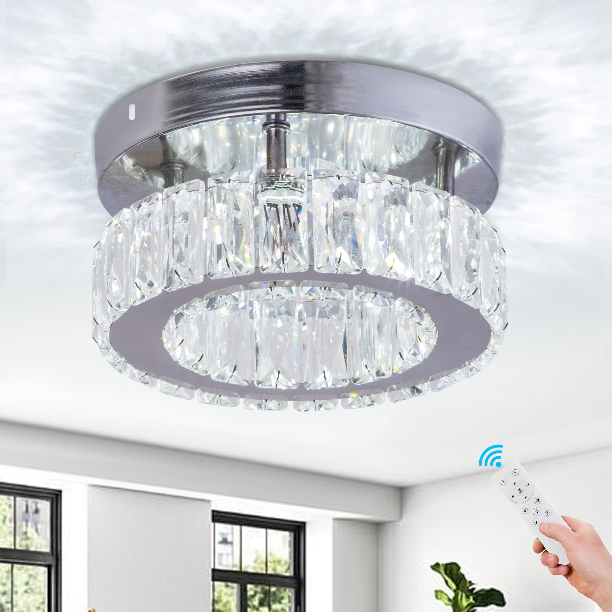 Finktonglan Small Crystal Chandelier Modern LED Ceiling Light Flush Mount Mini Ceiling Light Fixtures 3 Color Change Ceiling Lamp for Bedroom Hallway Foyer 3000-6000K