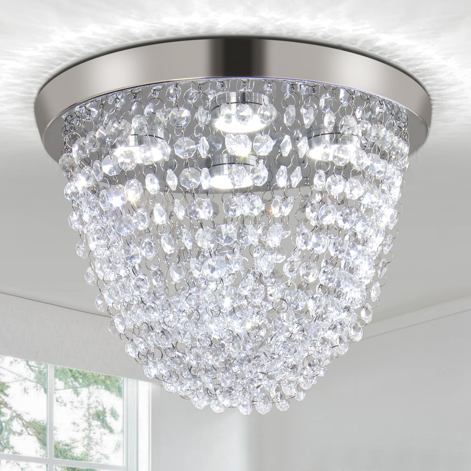 Finktonglan Crystal Chandelier Modern Ceiling Light Fixtures Mini Crystal Flush Mount Ceiling Light for Bedroom Stainless Steel Ceiling Lamp for Hallway Foyer Kitchen