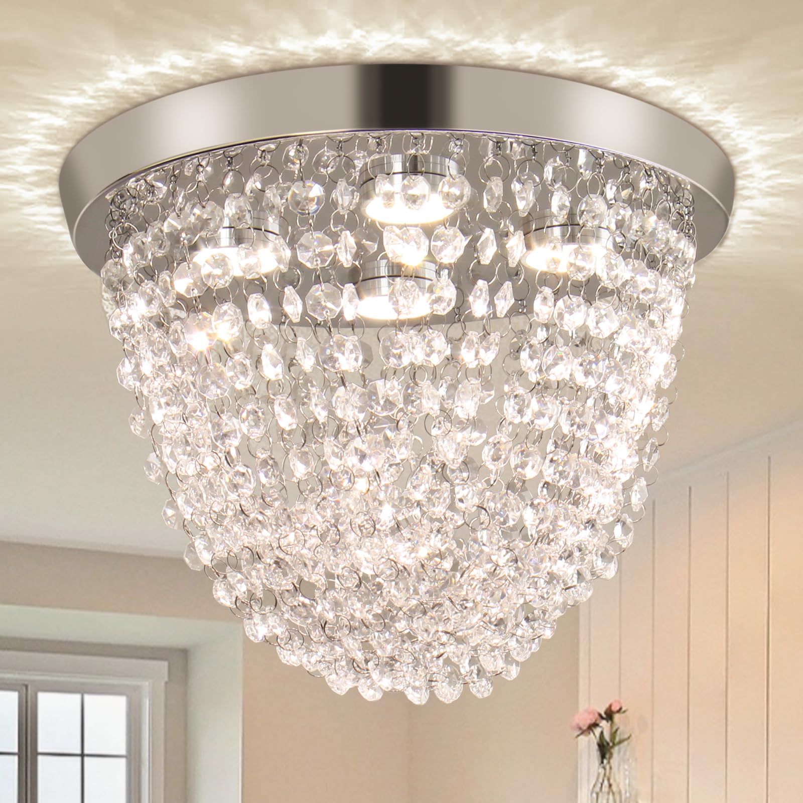 Finktonglan Crystal Chandelier Modern Ceiling Light Fixtures Mini Crystal Flush Mount Ceiling Light for Bedroom 3 Color Changeable Crystal Chandeliers for Hallway Foyer Kitchen