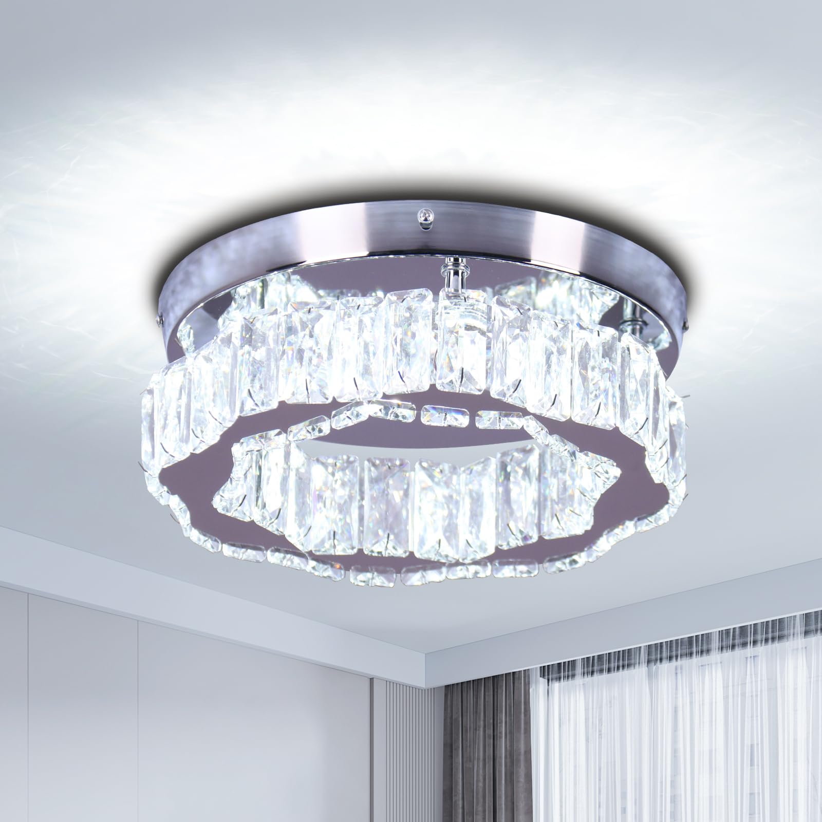 10.4" Mini Crystal Chandelier LED Flush Mount Ceiling Light Fixture Modern Ceiling Lighting for Bedroom Kichen Hallway (Cool White)