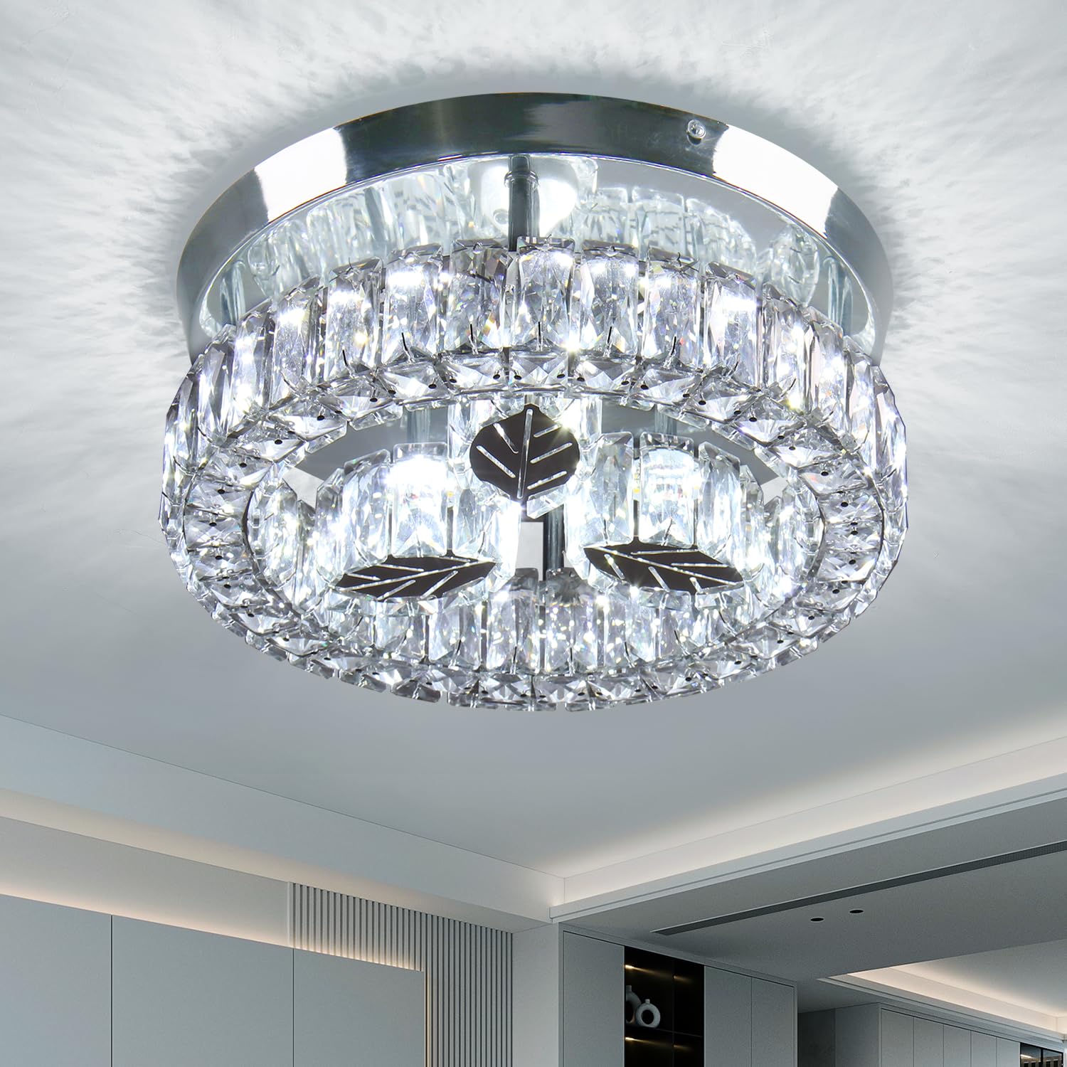 Finktonglan 11.6” Crystal Flush Mount LED Ceiling Light Modern Round Chandelier Light Fixture Stainless Steel Leaf Ceiling Lamp for Dining Room Living Room 30W 6500K