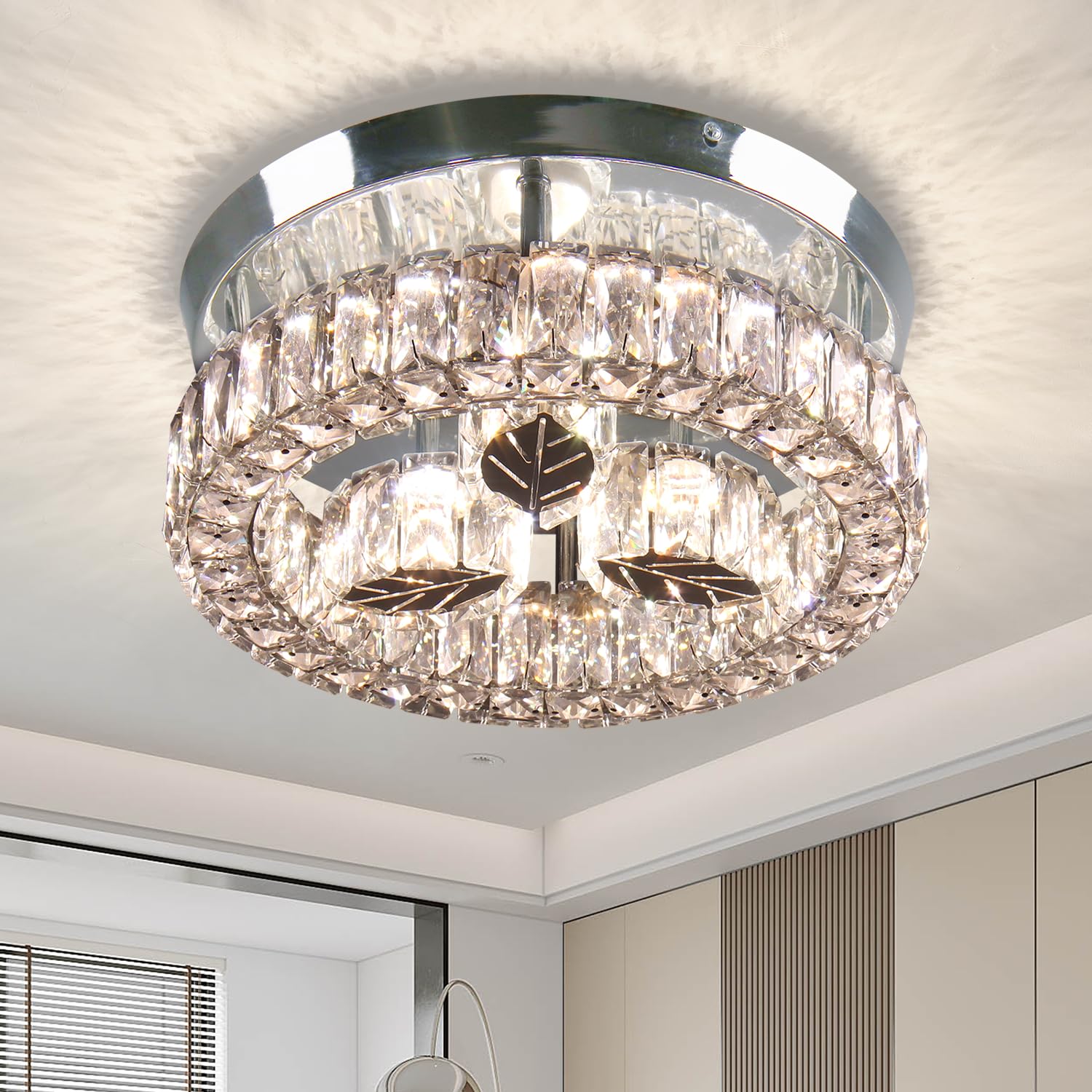 Finktonglan 11.6” Crystal LED Ceiling Light Flush Mount Modern Stainless Steel Leaf Crystal Chandelier Round Ceiling Lamp Light Fixture for Dining Room Living Room 30W(Multi Color)