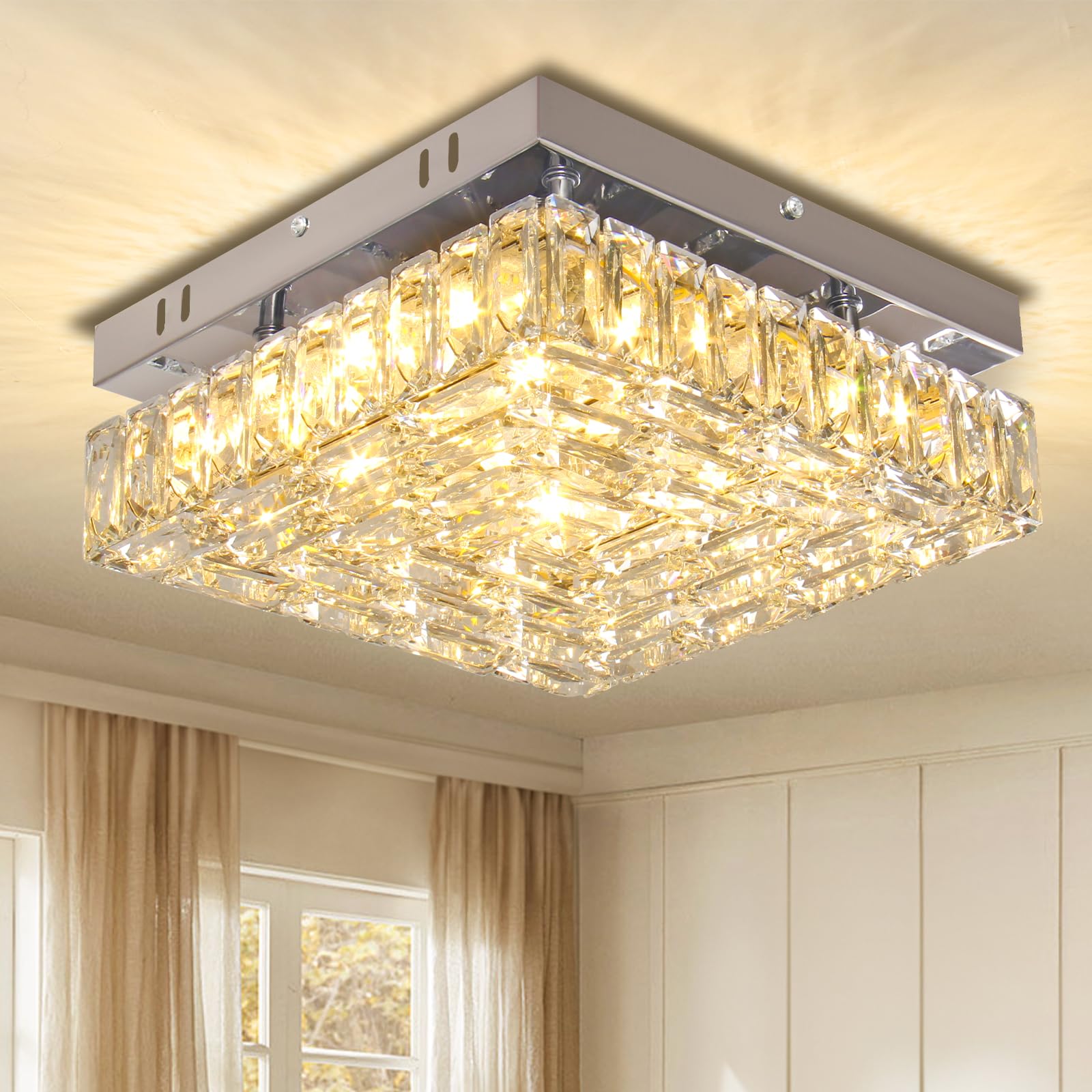 FRIXCHUR 10.6" Crystal Ceiling Light Modern Crystal Chandelier LED Flush Mount Ceiling Light Fixture Small Square Chandeliers for Bedroom Hallway Kitchen (Warm)