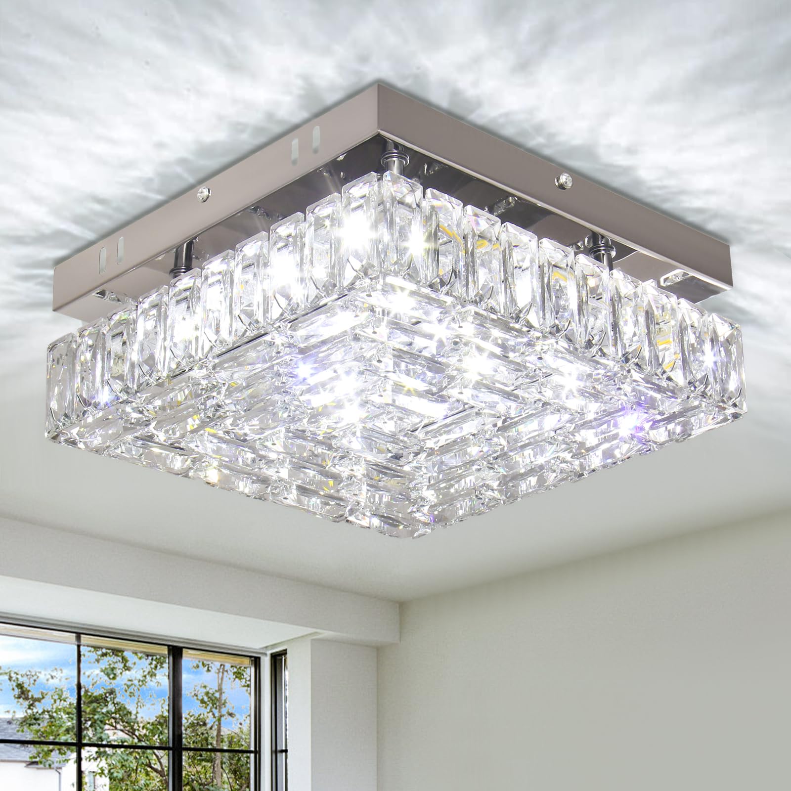 FRIXCHUR 10.6" Modern Crystal Chandeliers Square Crystal Ceiling Light LED Chandelier with Remote Control Mini Bedroom Flush Mount Ceiling Lights Fixture for Kitchen Hallway Dining Room (Dimmable)