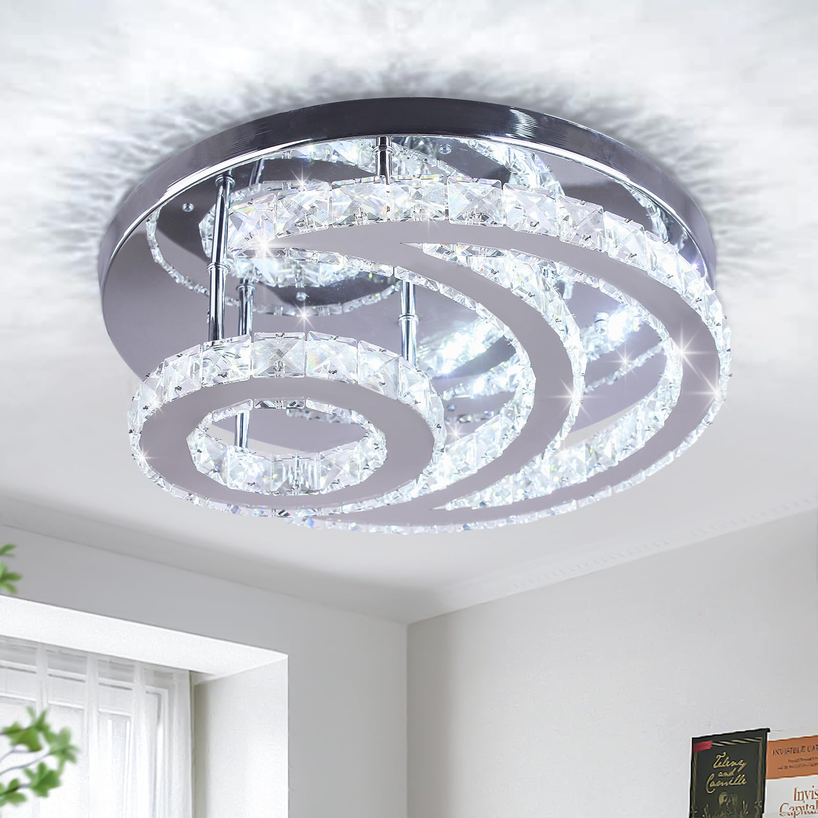 15.7" Crystal Chandelier Modern LED Ceiling Light Moon Shape Crystal Flush Mount Ceiling Lights Fixture for Bedroom Living Room Kitchen Hallway (6500K Cool White)