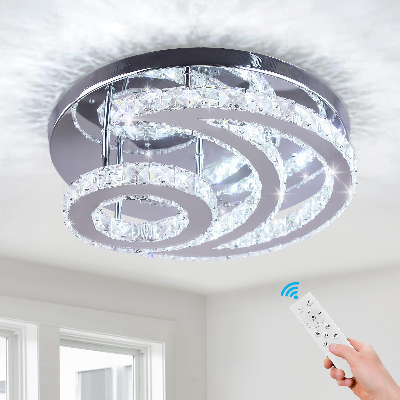 15.7" Modern Crystal Chandelier Dimmable Ceiling Light Fixture Moon Shape LED Flush Mount Chandeliers for Bedroom Living Room Dining Room (Remote Control)